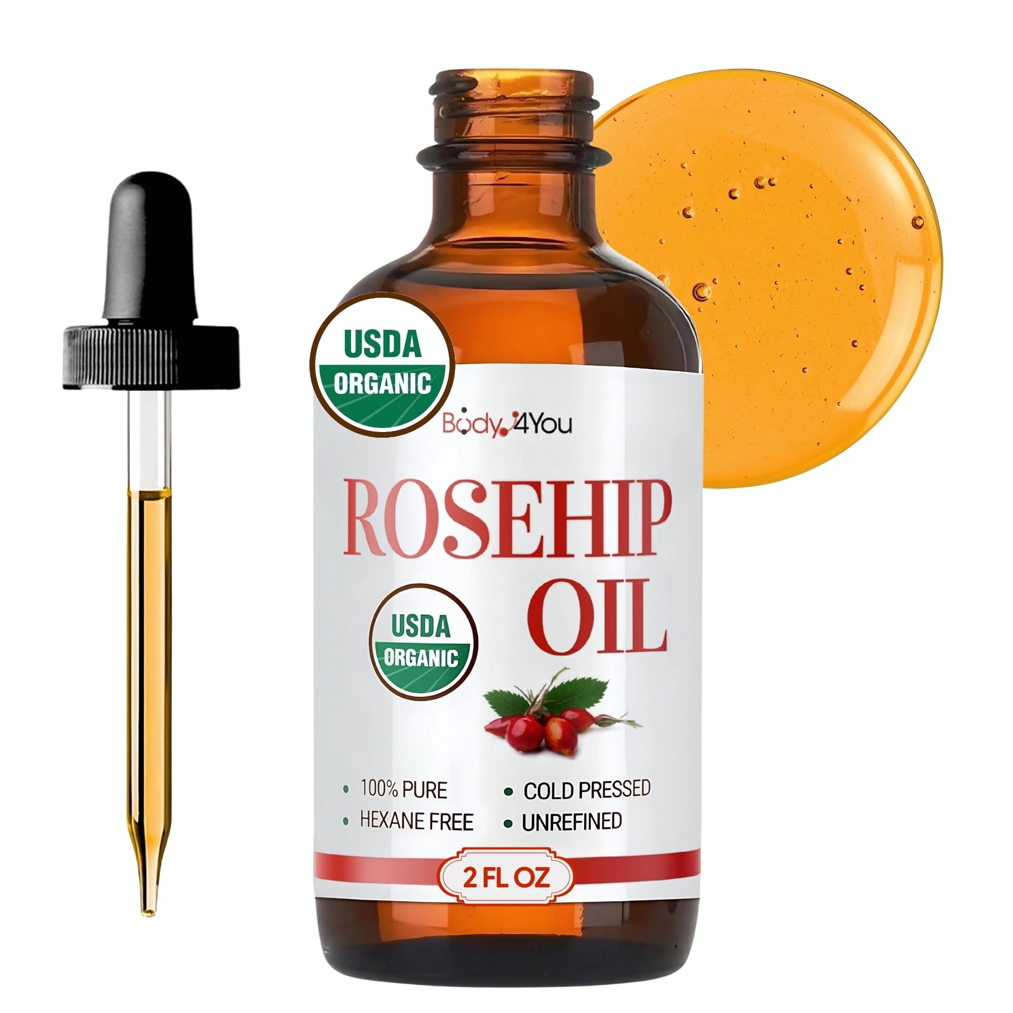 BodyJ4You huile rosehip visage – bouteille ambrée préservant l'hydratation naturelle.