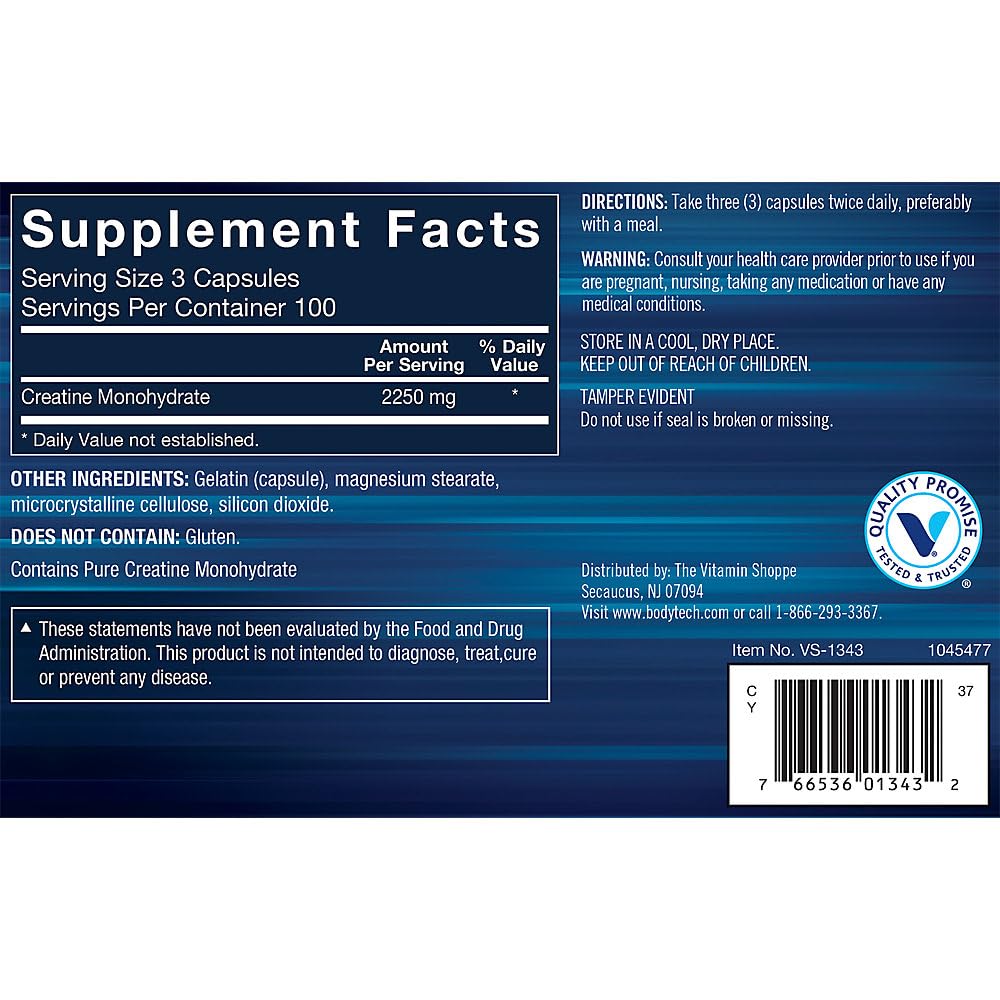 Boîte BODYTECH créatine de 300 capsules, pratique à transporter