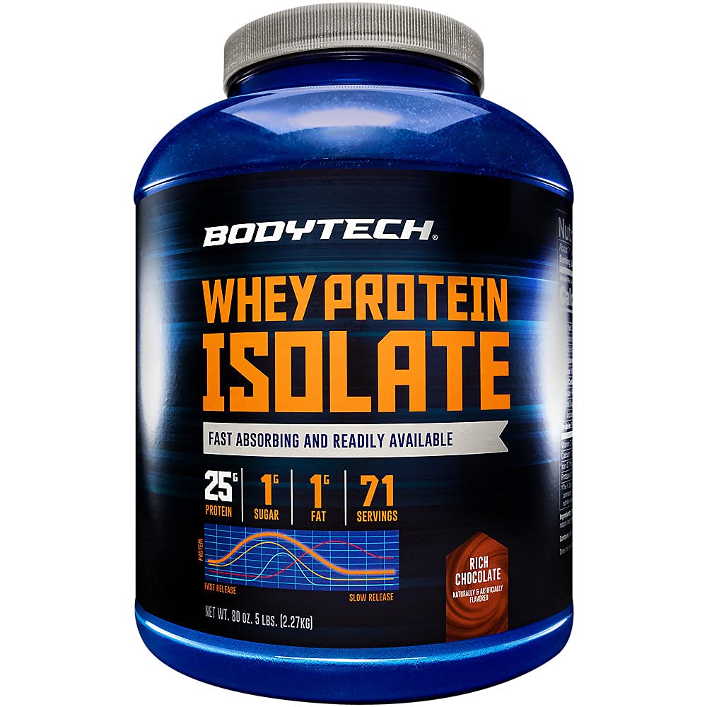 BODYTECH Isolat de protéines de lactosérum en poudre chocolat riche pour récupération rapide.