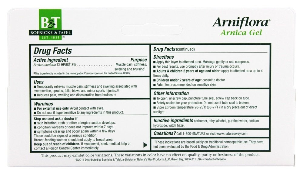 Arniflora Gel Boericke & Tafel — application locale après effort pour soulagement temporaire.