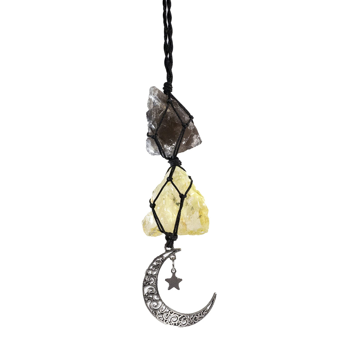 BOHO GARDEN Charme voiture avec quartz fumé et lune pendante pour énergie équilibrante.