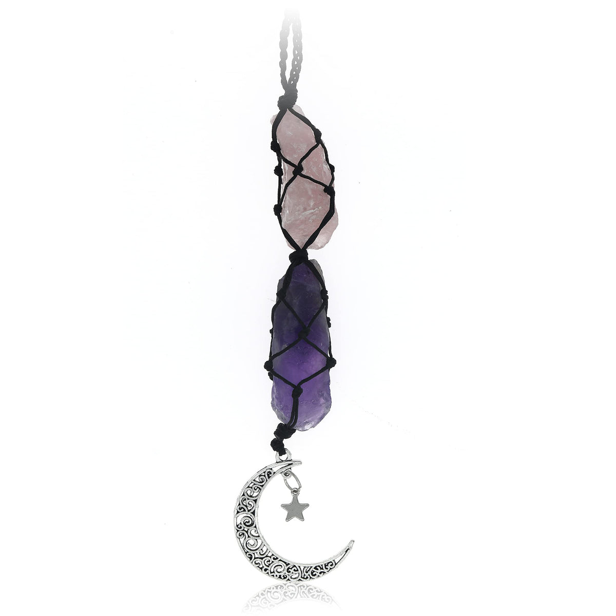 Pendentif voiture Boho Garden lune rose-quartz, harmonise l'ambiance des trajets.