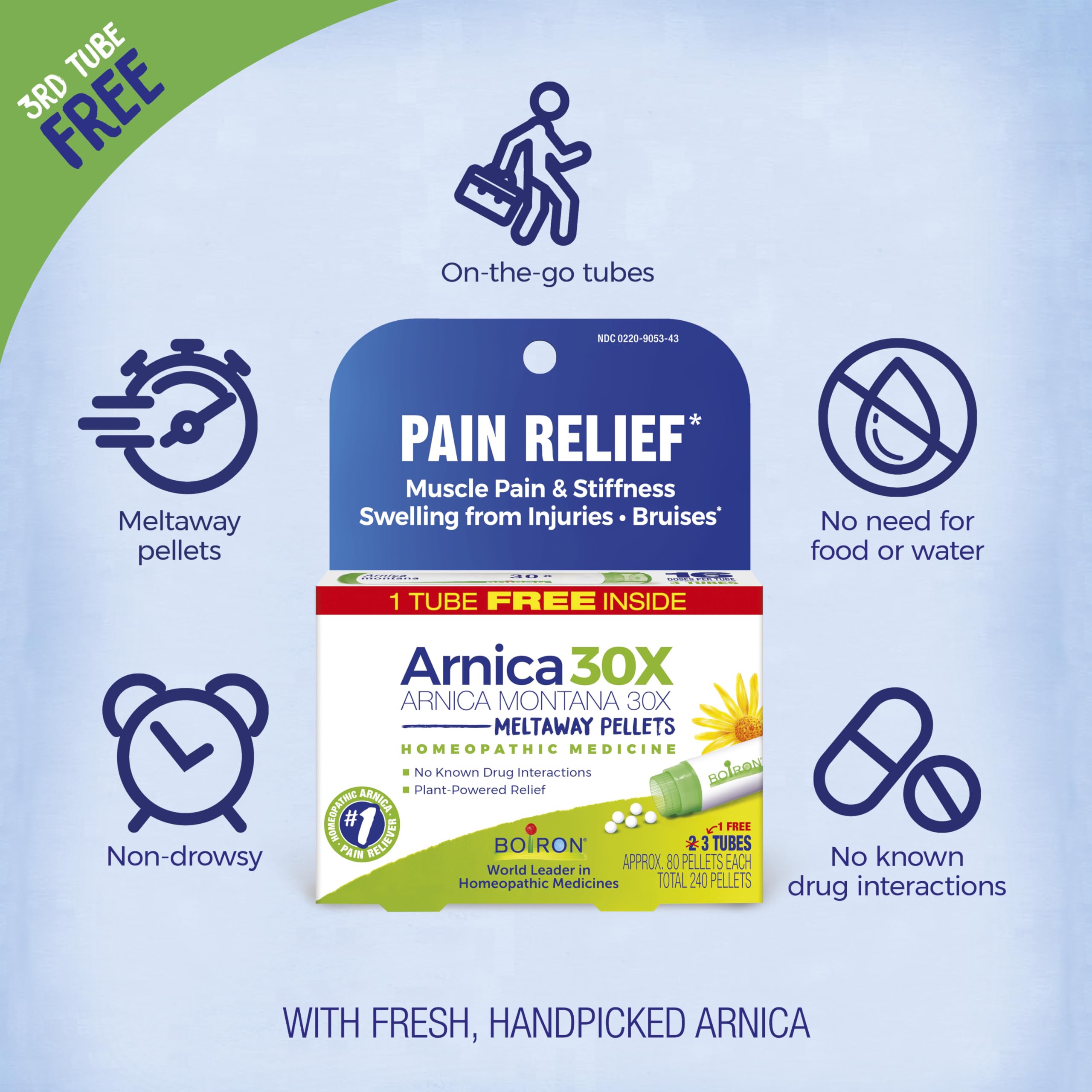 Boiron Arnica Montana 30X bouteille et etiquette claire, facile à ranger.