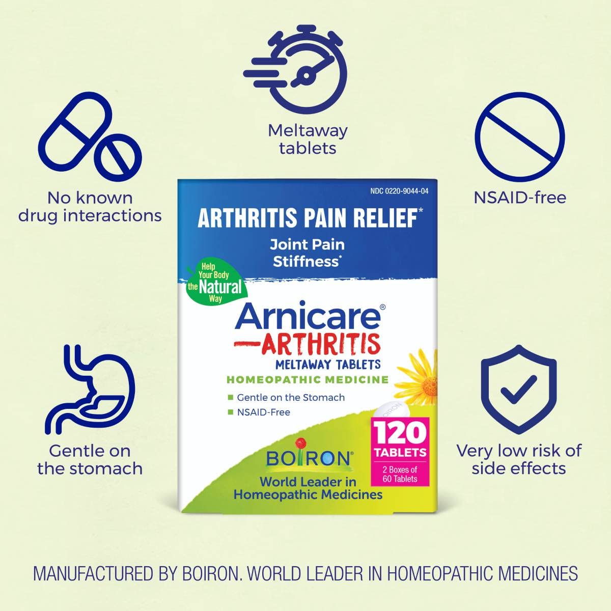 Boiron Arnicare Arthritis – flacon de 60 comprimés prêt à emporter.