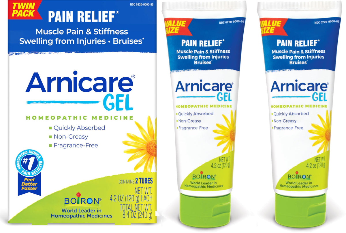 Boiron Arnicare Gel en pack-jumeaux prêt pour soulager après l’effort.