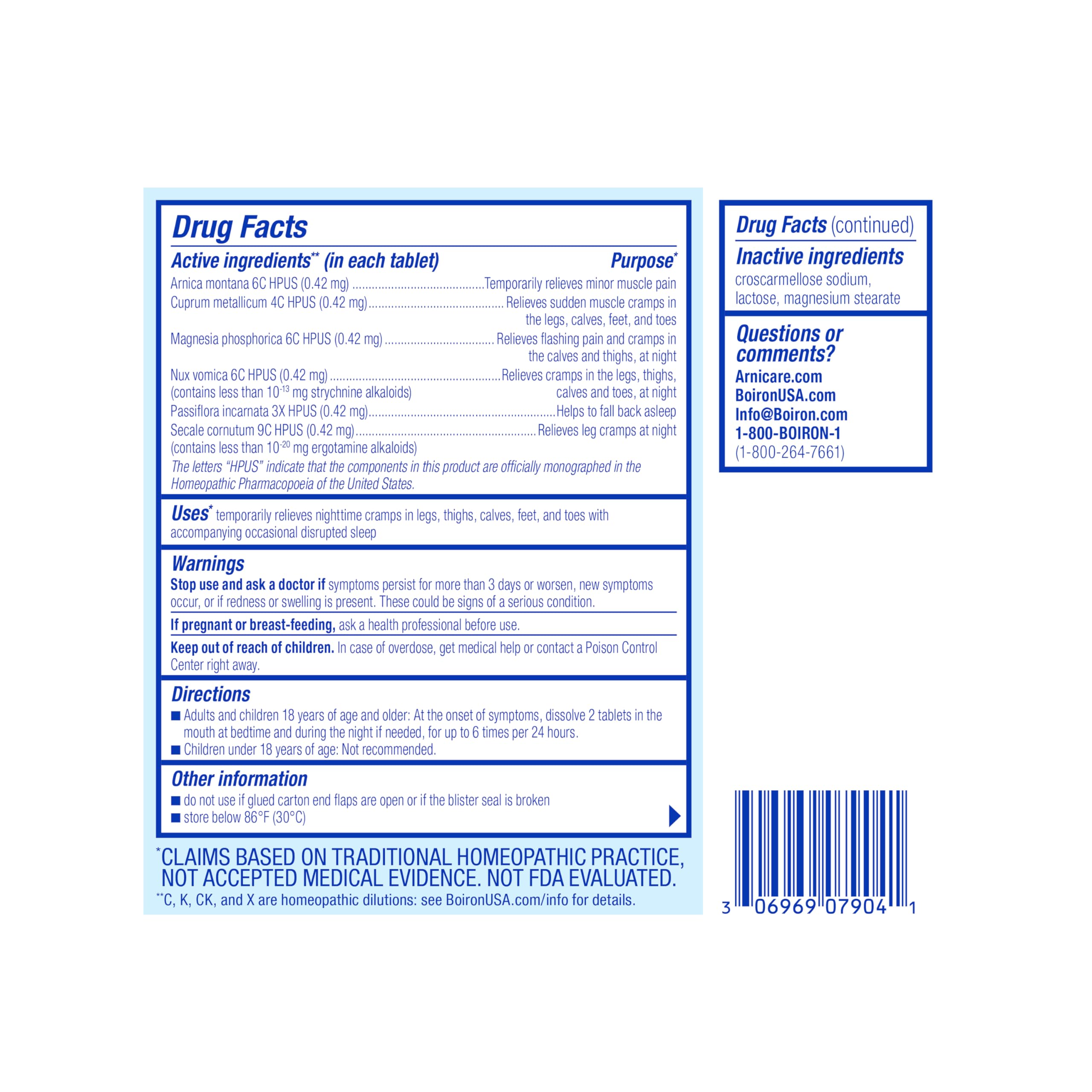 Boiron Arnicare Leg Cramps PM – sans édulcorants artificiels et sans colorants.