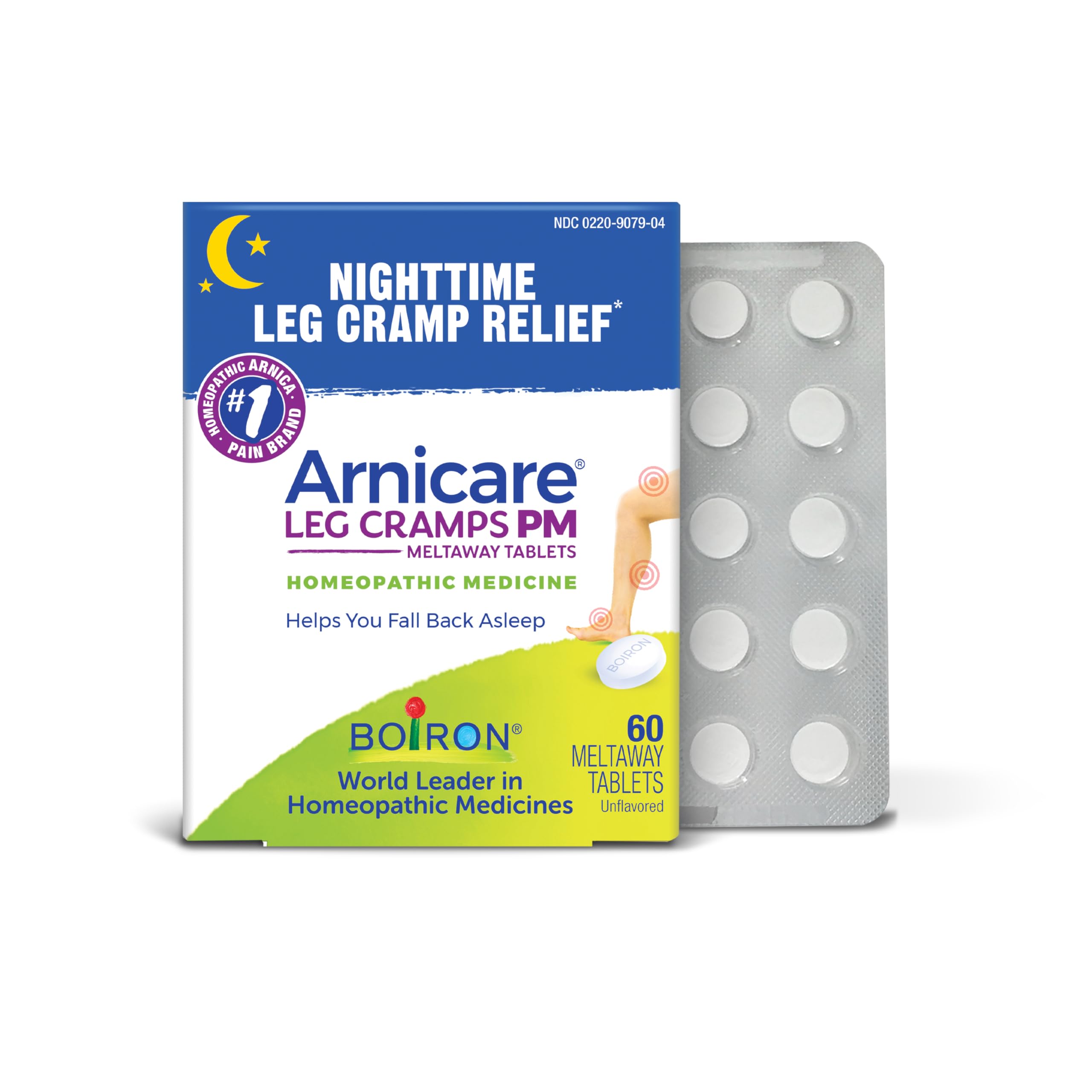 Boiron Arnicare Leg Cramps PM – bouteille du produit prête à l’usage et potentielle aide nocturne.