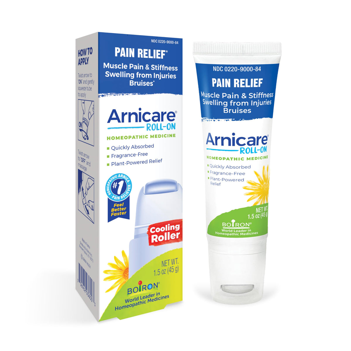 Boiron Arnicare Roll-On avec rouleau métallique frais sur zone musculaire.