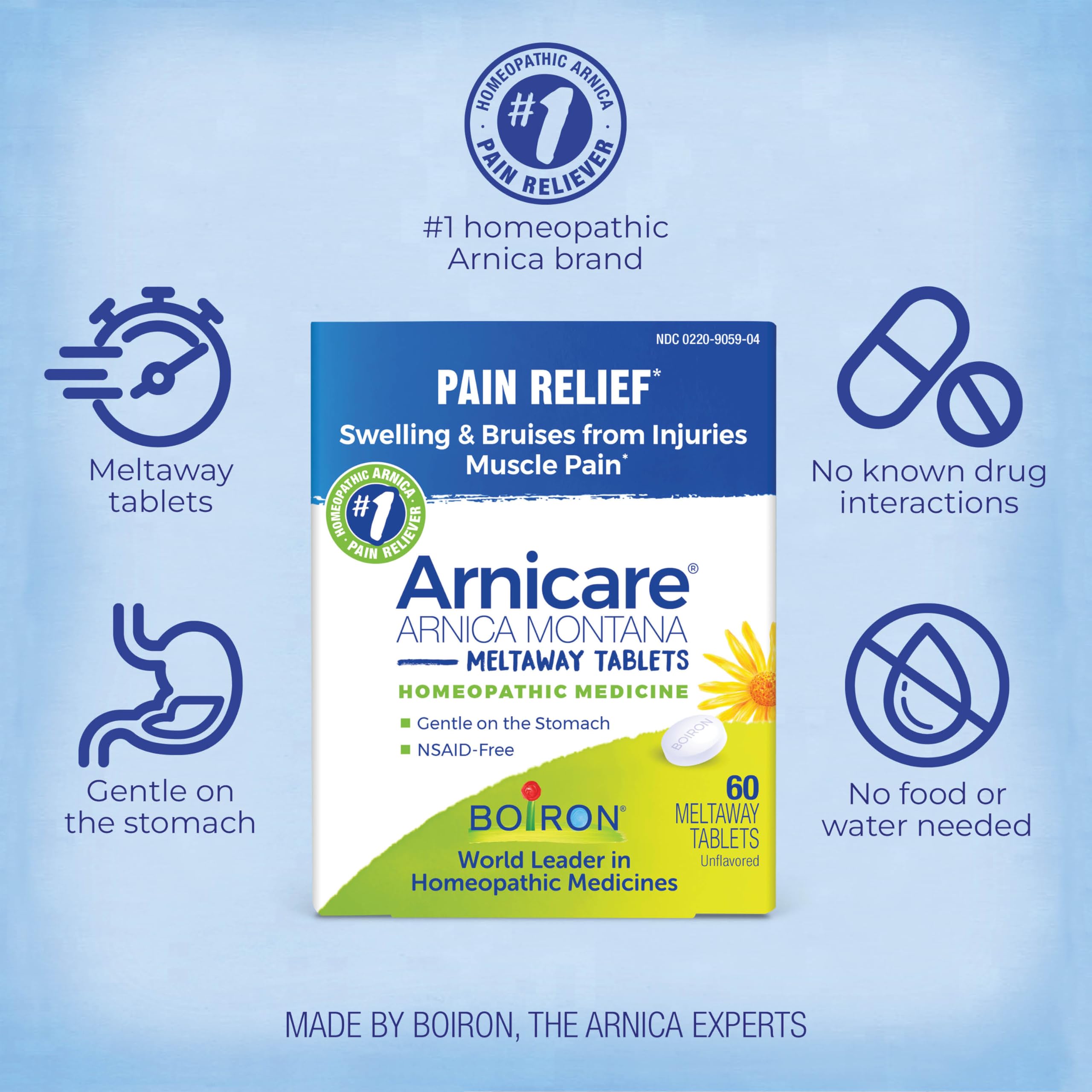 Boiron Arnicare: réduction possible des enflures et ecchymoses après une blessure mineure.