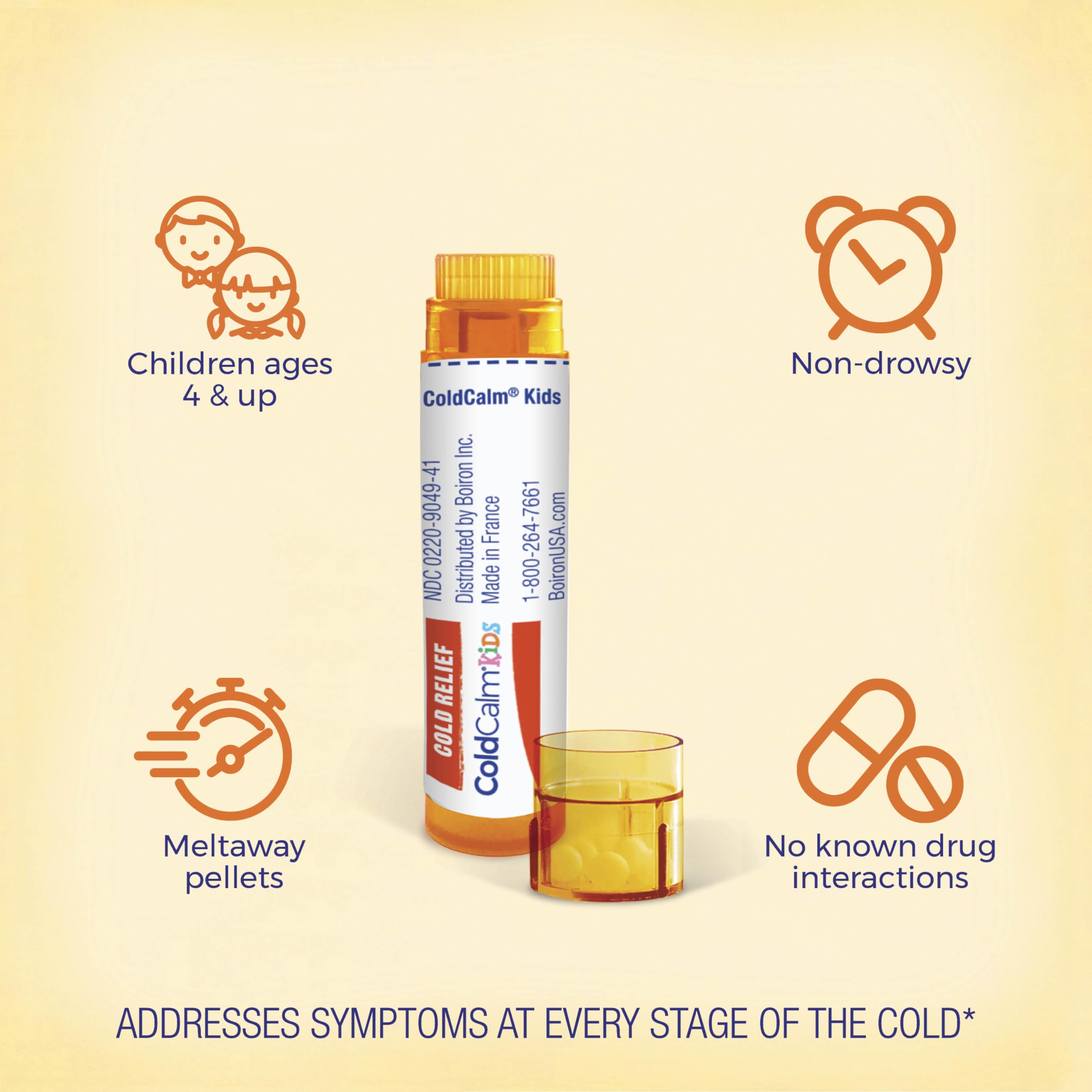 Boiron ColdCalm Kids, pellets fondants qui fondent rapidement dans la bouche.