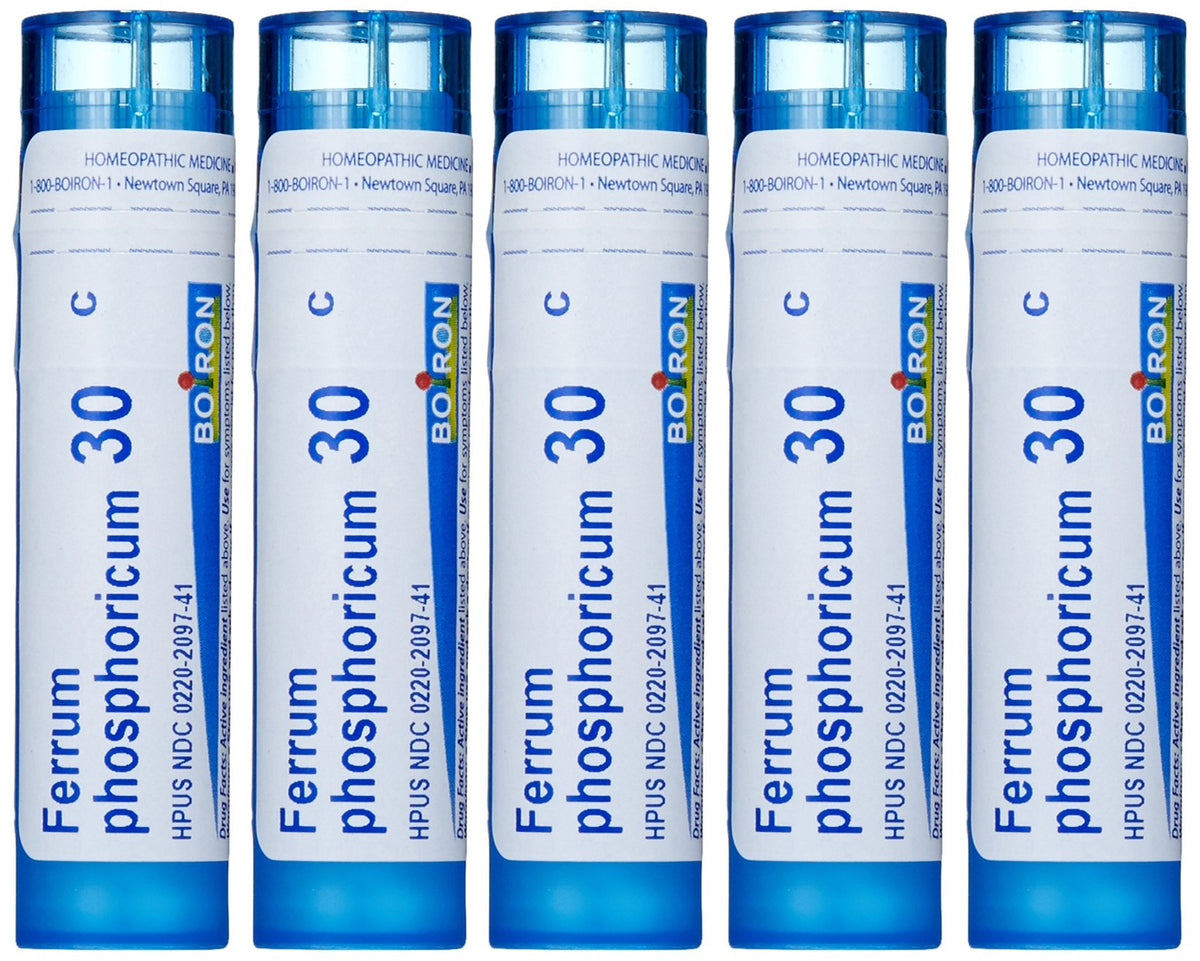 Boiron Ferrum Phosphoricum 30C dans sa boîte prête à l’emploi, simple à ranger.