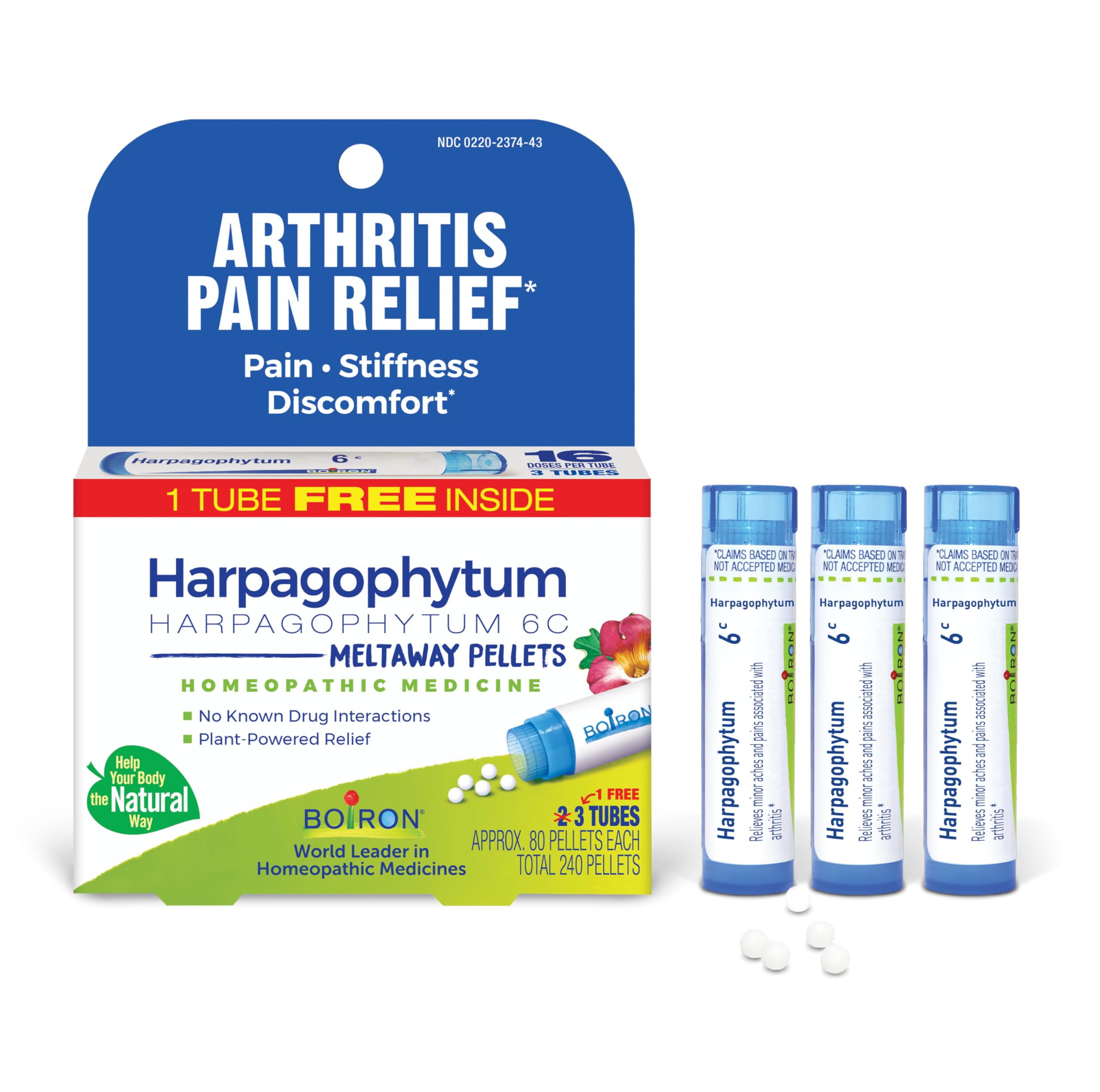 Boiron Harpagophytum 6C : pellets qui se dissolvent, soulagement potentiel des douleurs articulaires.