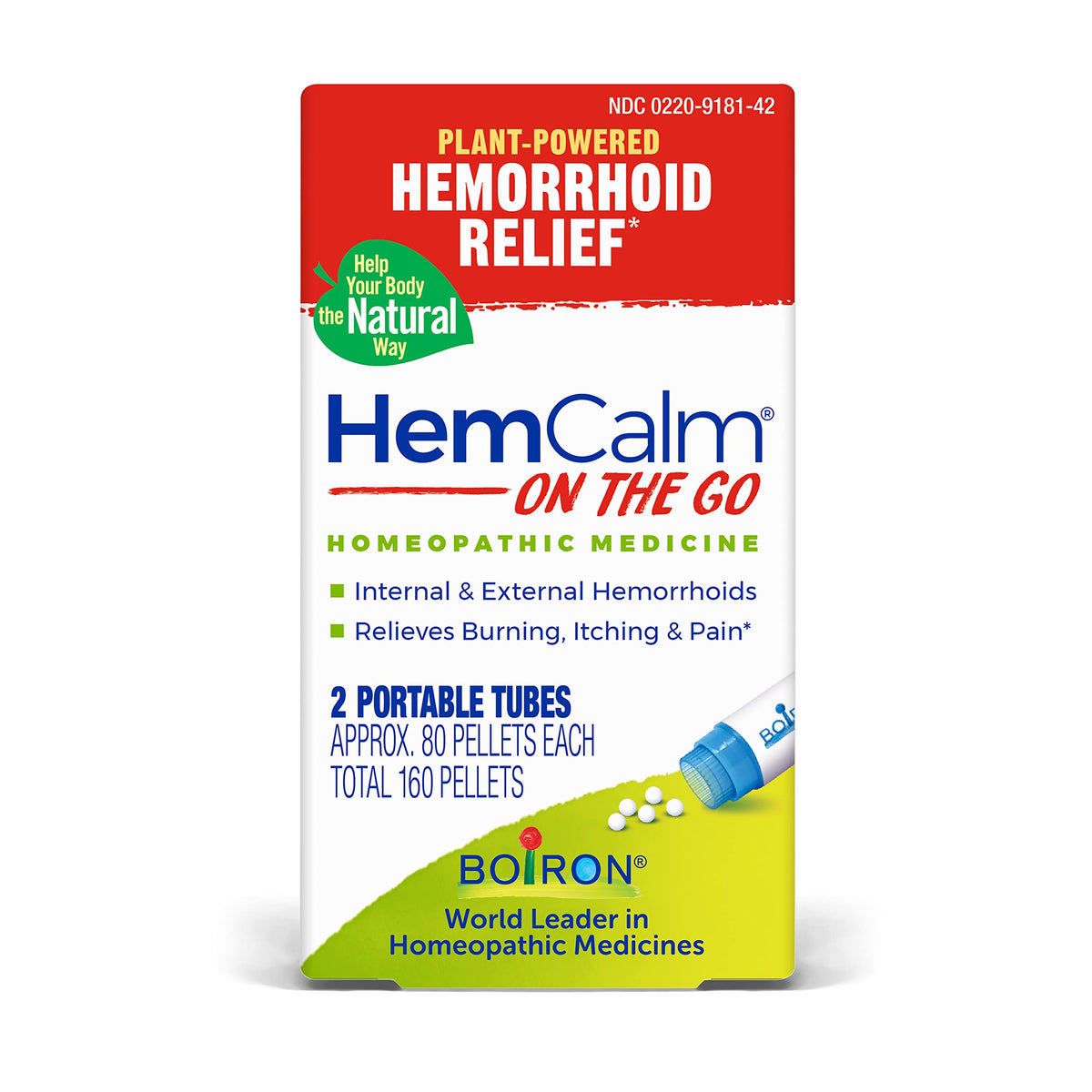 Boiron HemCalm en déplacement – pellets faciles à avaler sans eau pour un soulagement rapide.