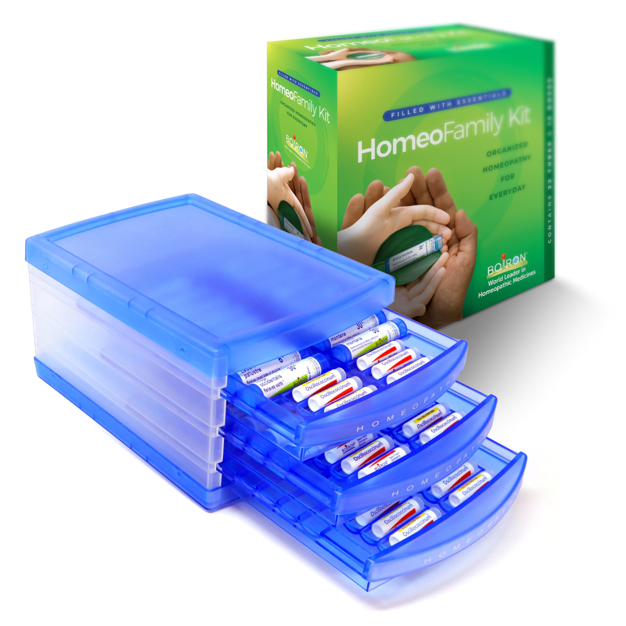 Boiron HomeoFamily : tubes 6C et 30C rangés pour un accès rapide aux remèdes.