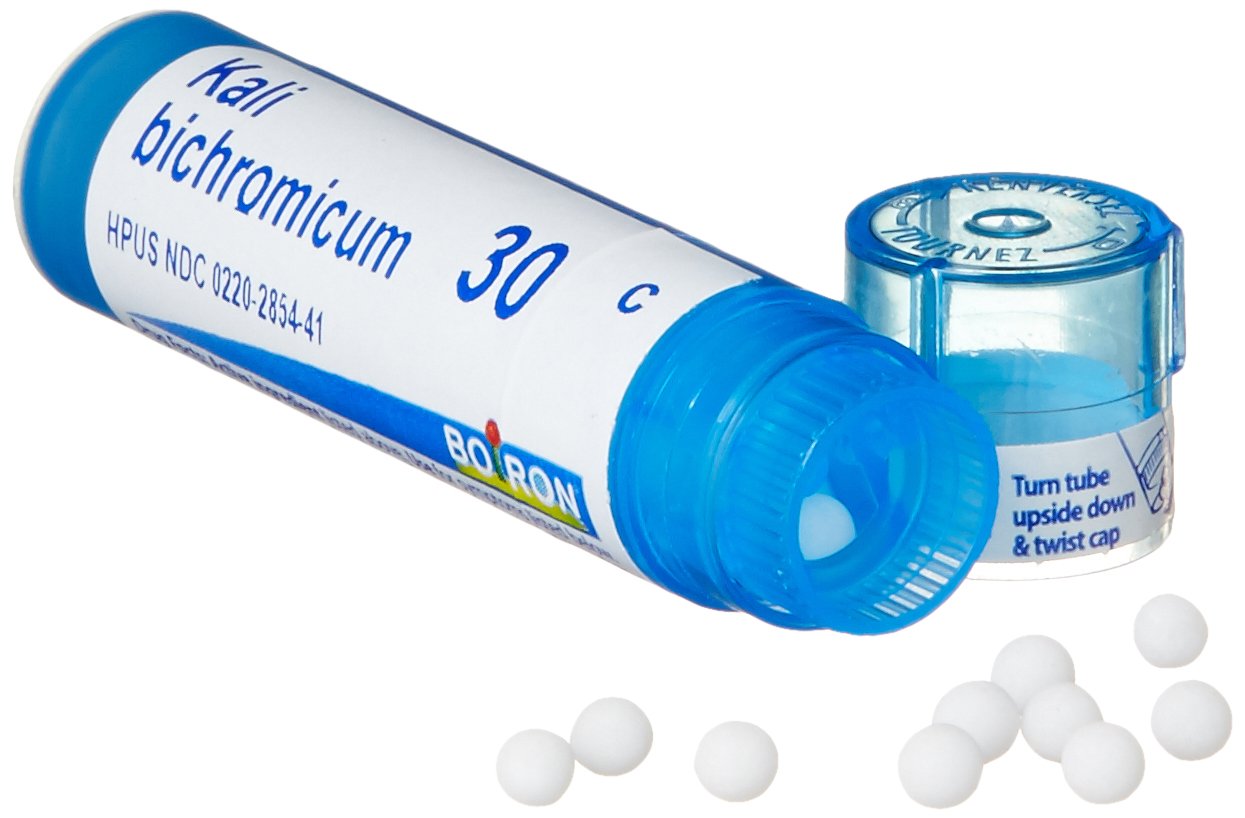 Granules Boiron Kali Bichromicum, utilisation immédiate lors des premiers signes du rhume.