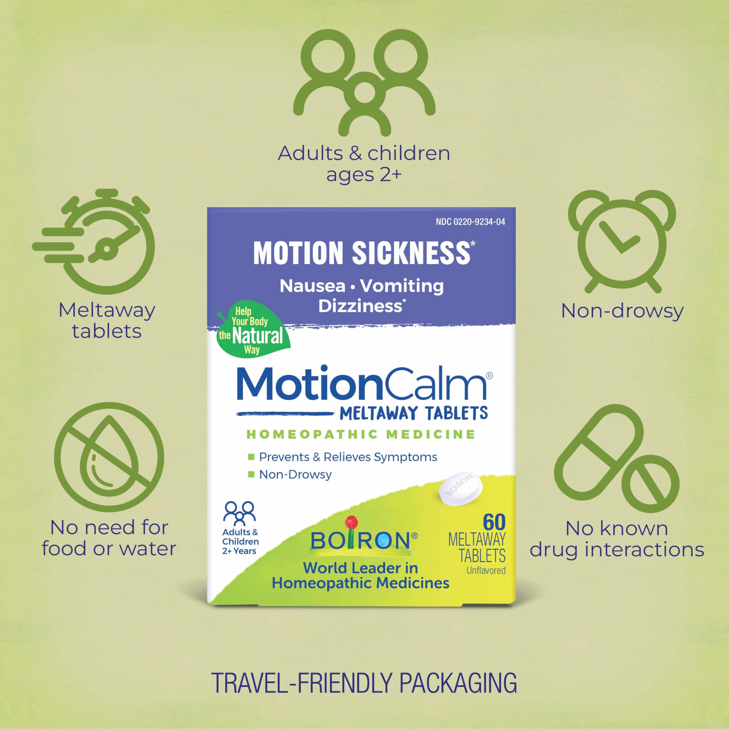 Boiron MotionCalm, comprimés sans somnolence, idéal lors des trajets en voiture.