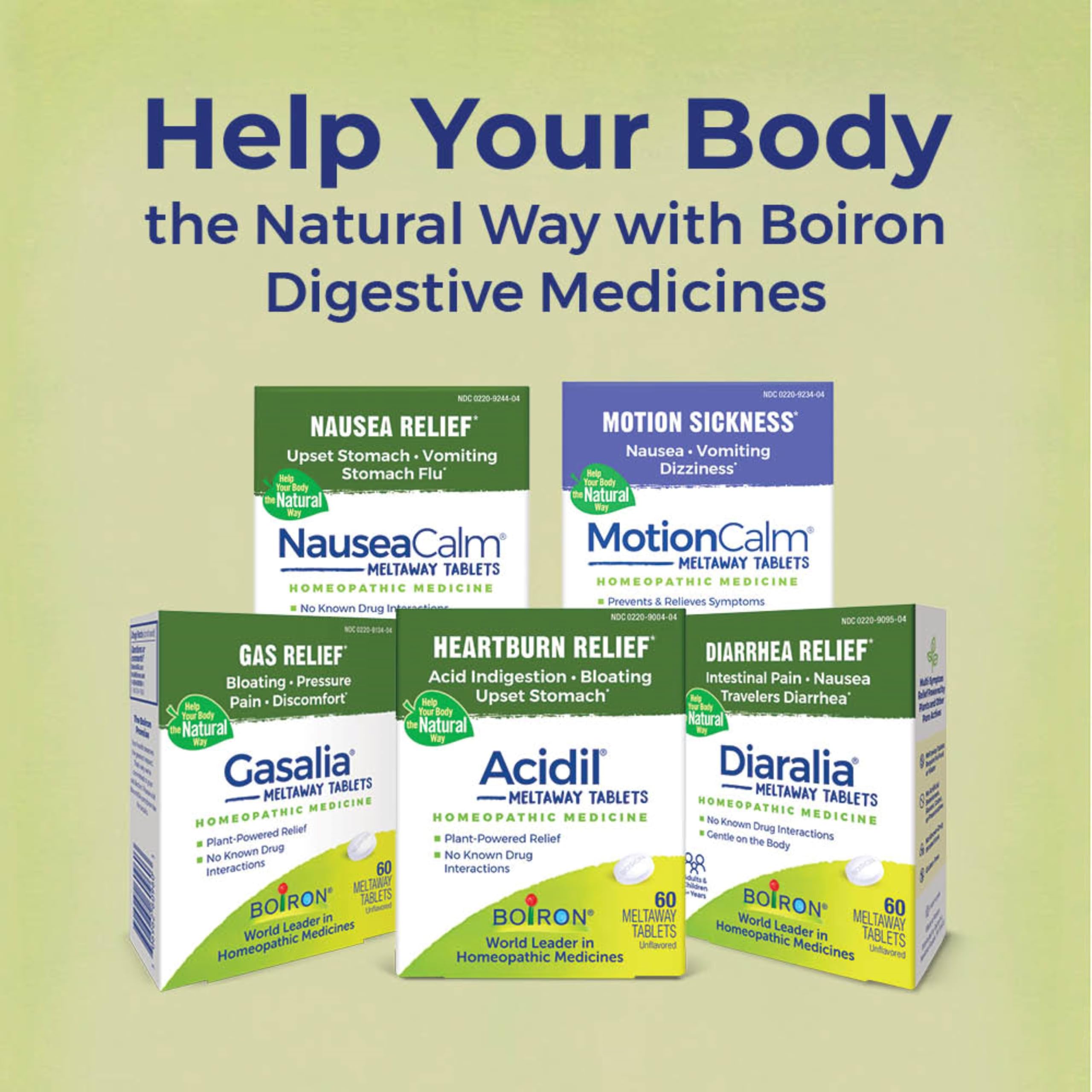 Boiron MotionCalm, formule sans additifs artificiels et sans gluten.