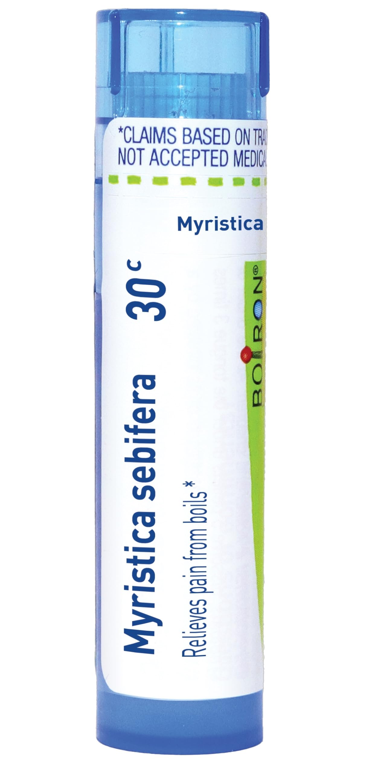 Boiron Myristica Sebifera 30C, emballage et étiquette clairs pour démarrage rapide.