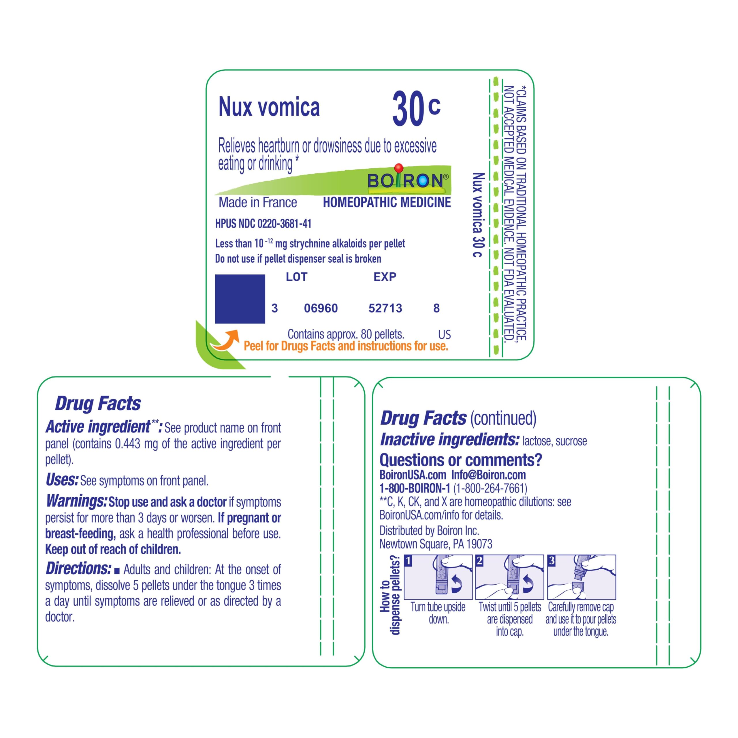 Boiron Nux Vomica 30C pellets goût neutre et prise discrète.