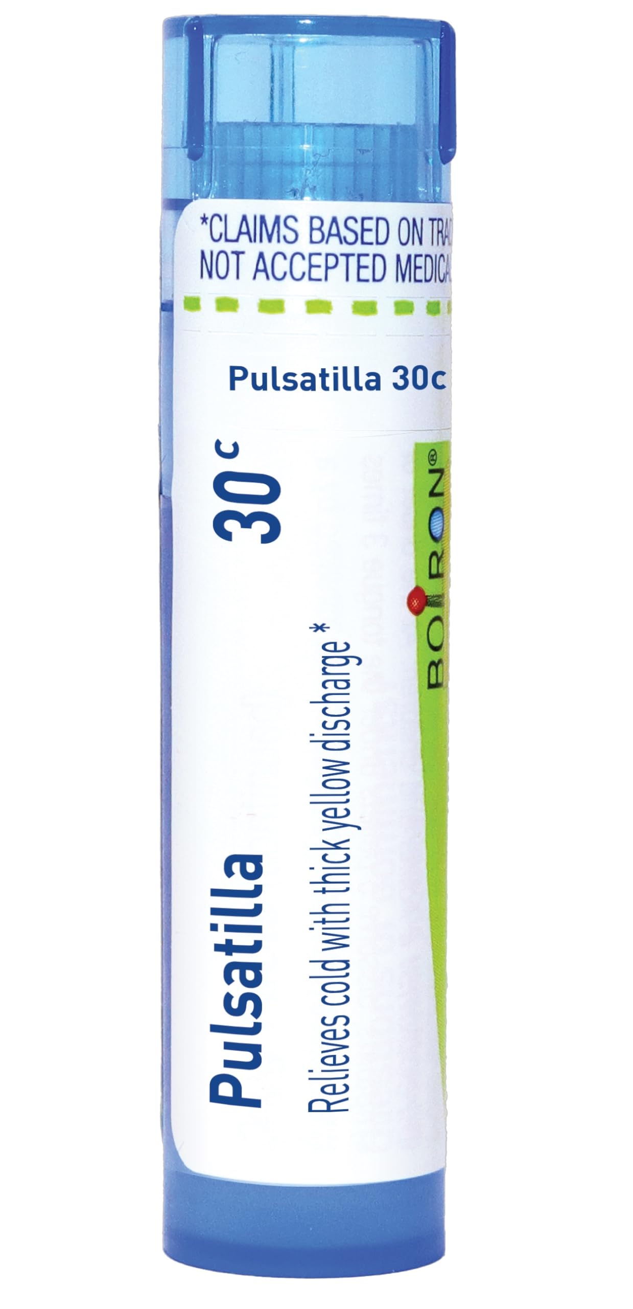 Boiron Pulsatilla 30C, tube de pellets visible, pratique en déplacement pour le rhume.