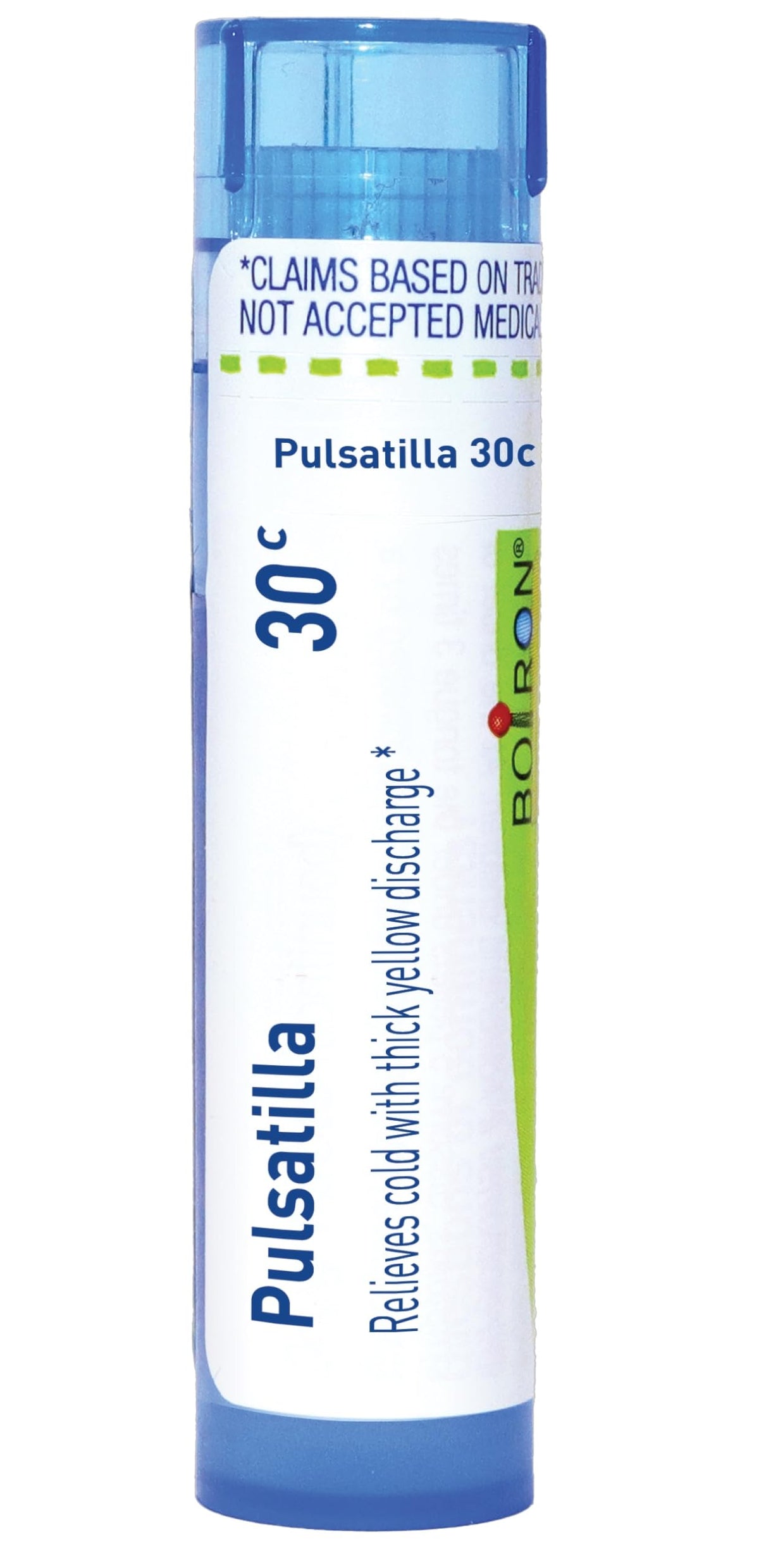 Boiron Pulsatilla 30C, tube de pellets visible, pratique en déplacement pour le rhume.