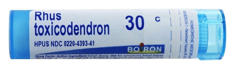 Boiron Rhus Toxicodendron 30c, bouteille de pellets, soutien potentiel du confort articulaire.