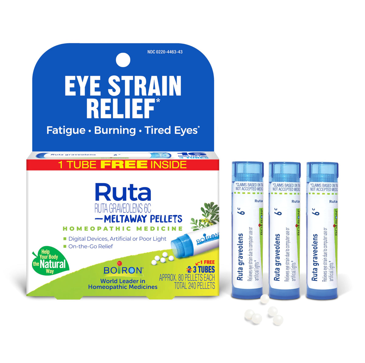 Boiron Ruta Graveolens 6C : flacon de pellets faciles à emporter pour l'œil fatigué.