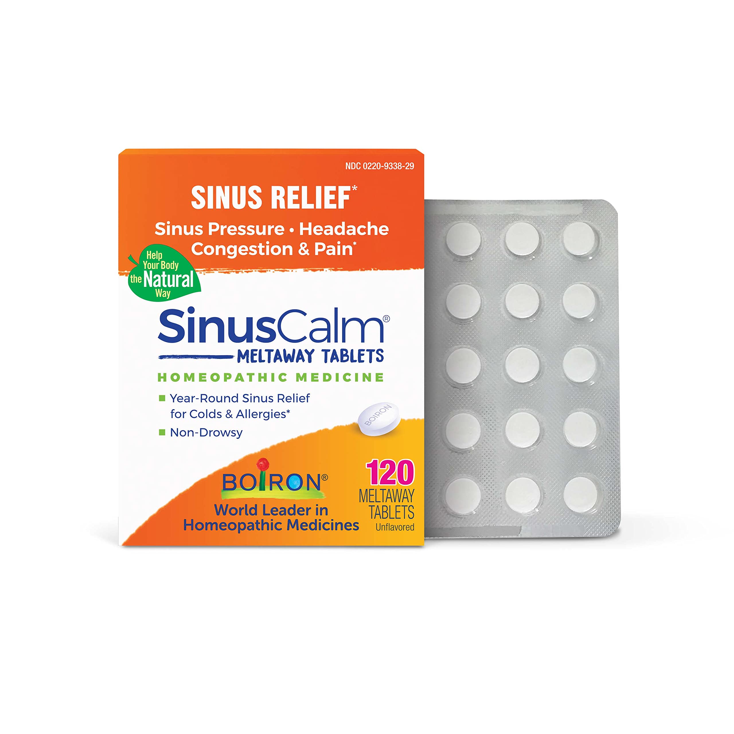 Boiron SinusCalm comprimés dans boîte, soulagement possible de la congestion nasale.