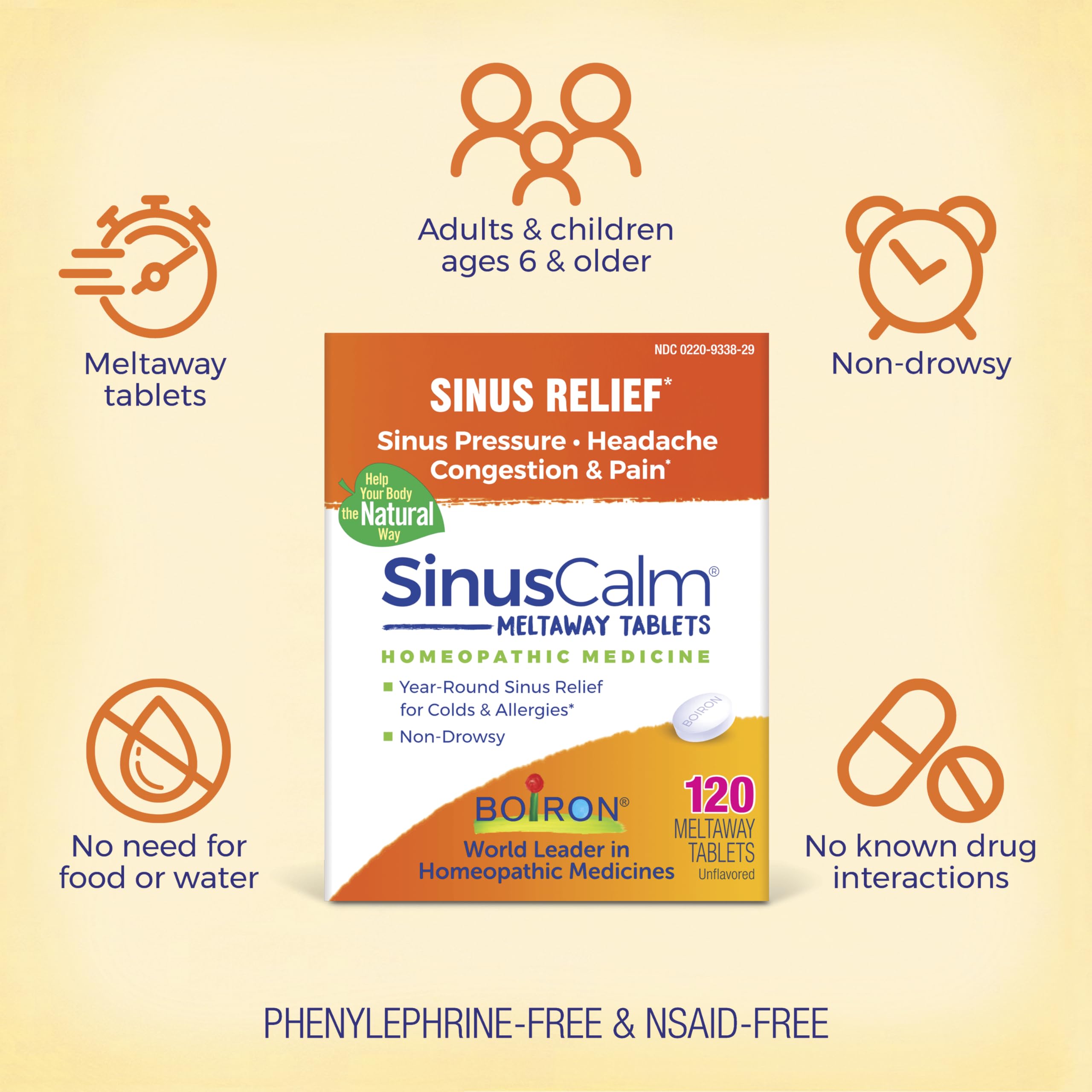Boiron SinusCalm sans phényléphrine et sans somnolence pour plus de flexibilité.