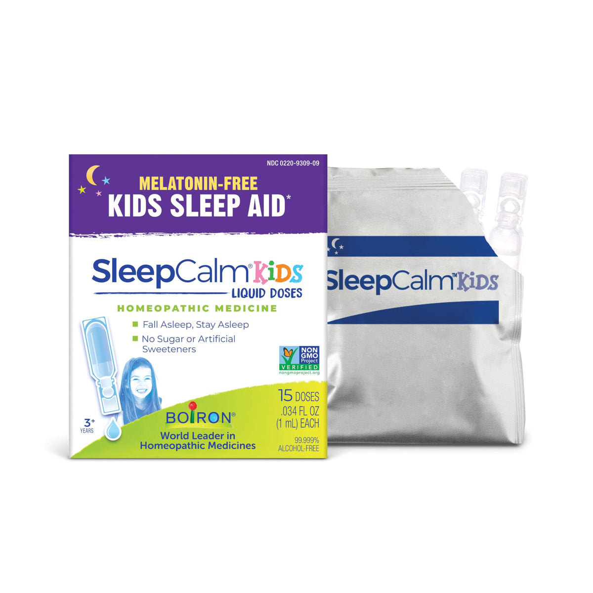Boiron SleepCalm Kids bouteille et gouttes faciles à doser pour un endormissement plus serein.