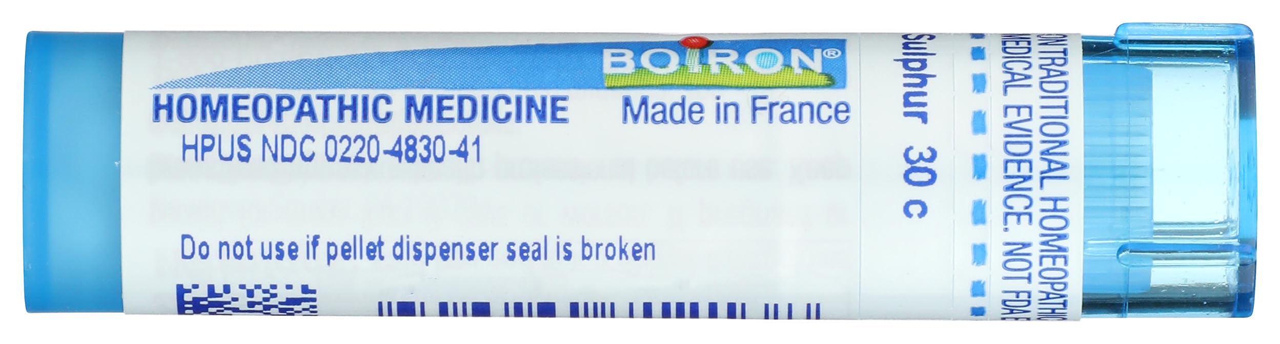 Boiron Soufre 30 C, détail en gros plan sur le tube