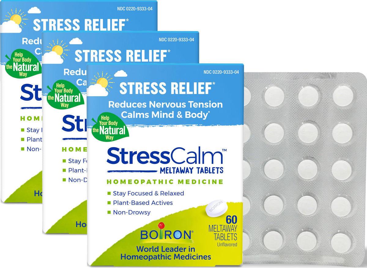 Boiron StressCalm tablettes meltaway sans eau, faciles à prendre.