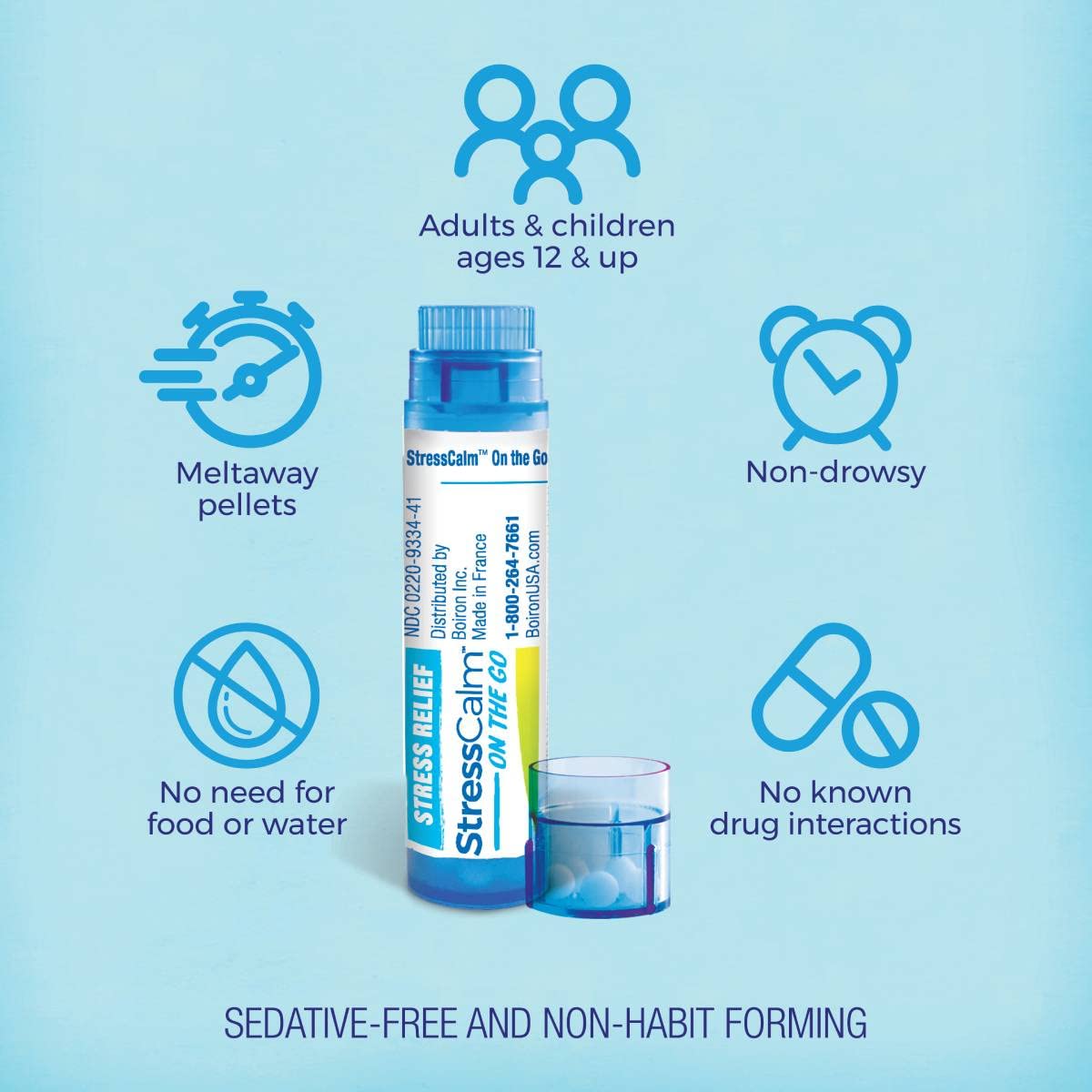 Boiron StressCalm tube-portatif : soulagement en déplacement sans eau, pratique et discret.