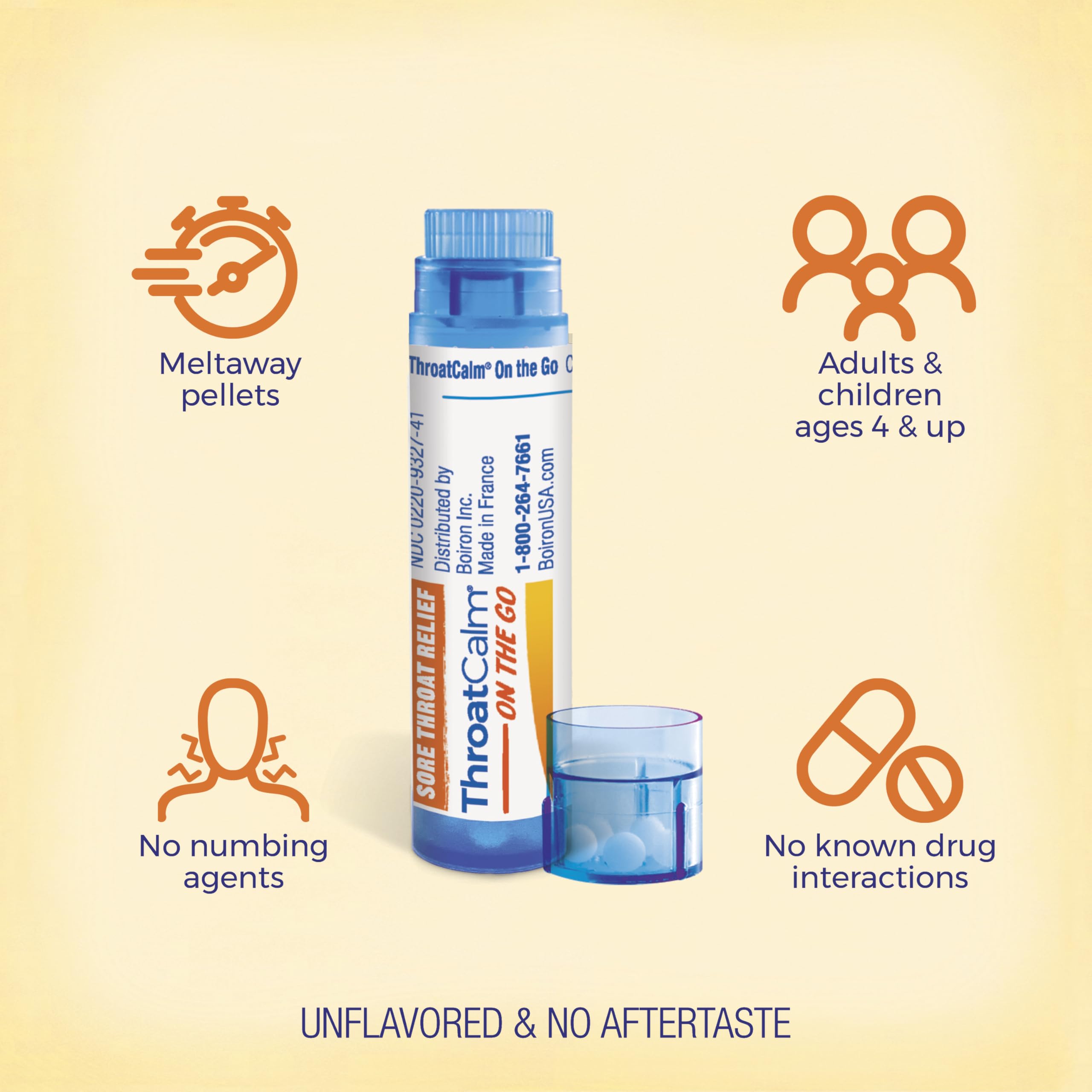 Pellets fondants sans eau Boiron ThroatCalm On the Go, usage rapide