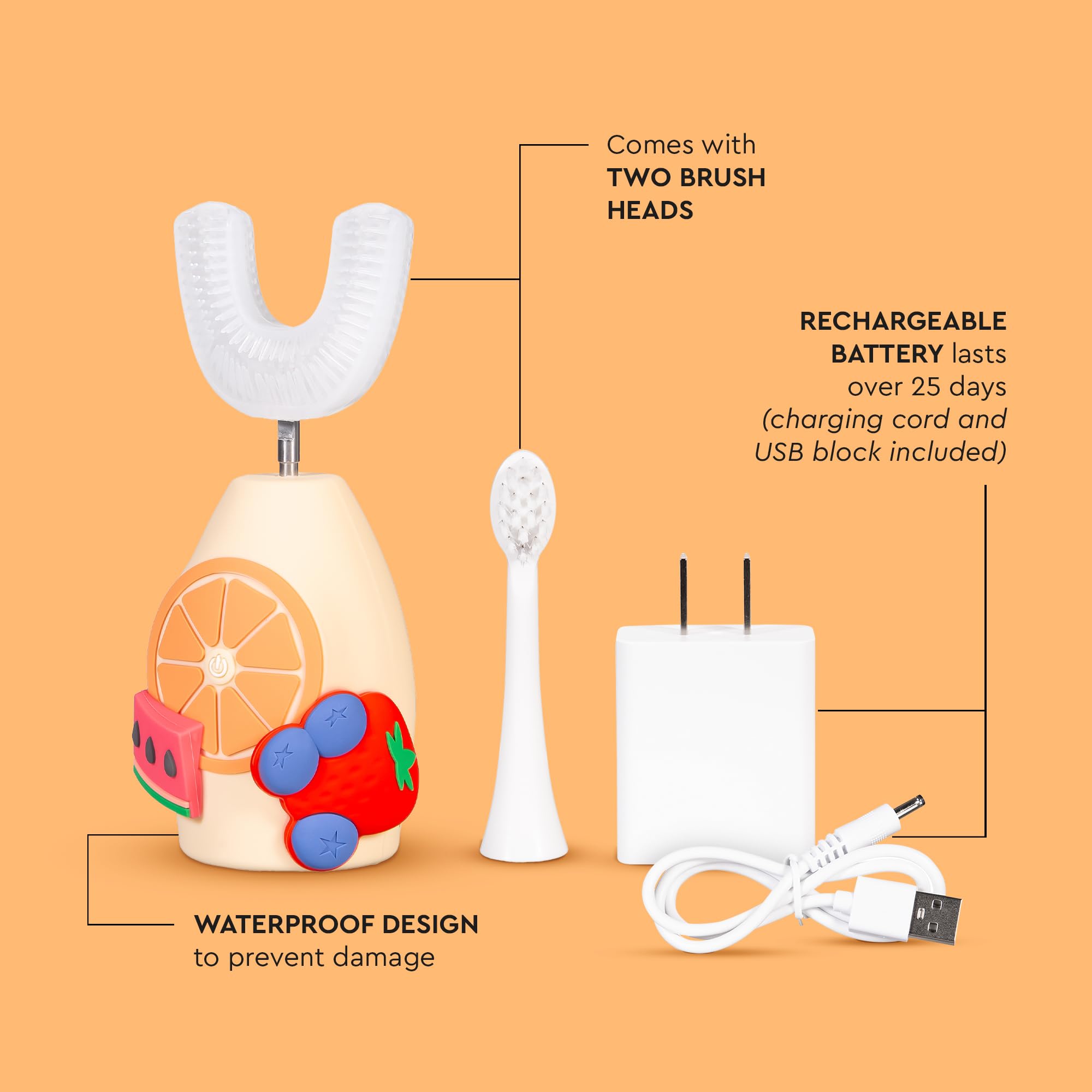 Boka brosse enfant, design fruité, corps en silicone confortable pour prise en main.