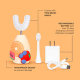 Boka brosse enfant, design fruité, corps en silicone confortable pour prise en main.
