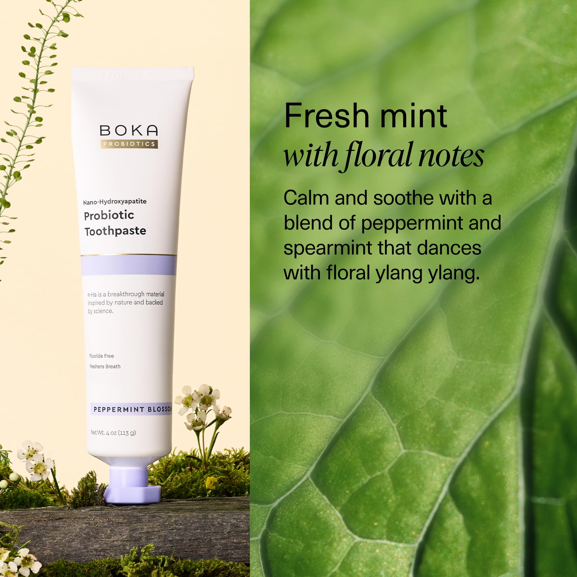 Boka dentifrice arôme menthe-poivrée et ylang-ylang—fraîcheur florale.