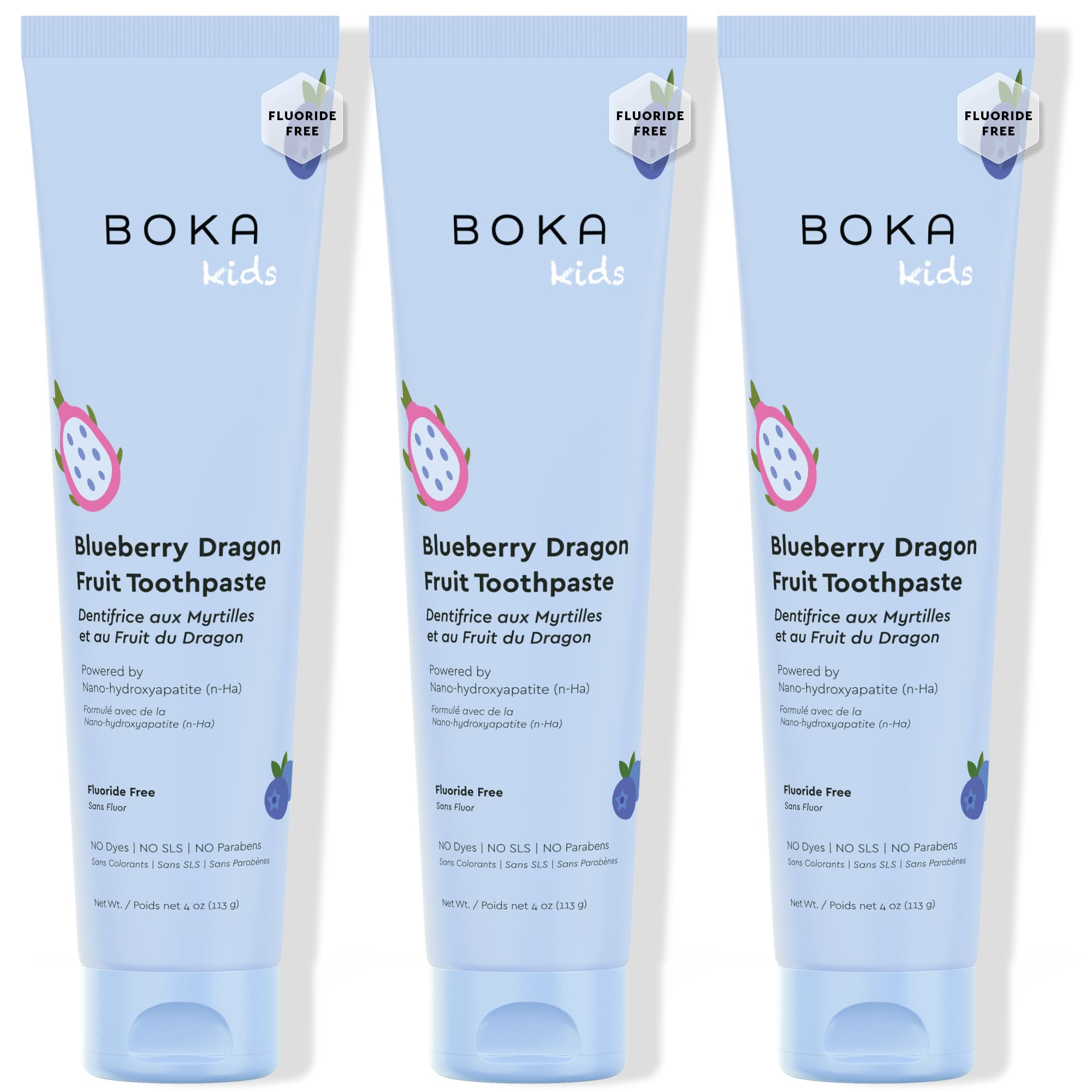 Dentifrice Boka nano-hydroxyapatite bleu, tube, protège l’émail en douceur.