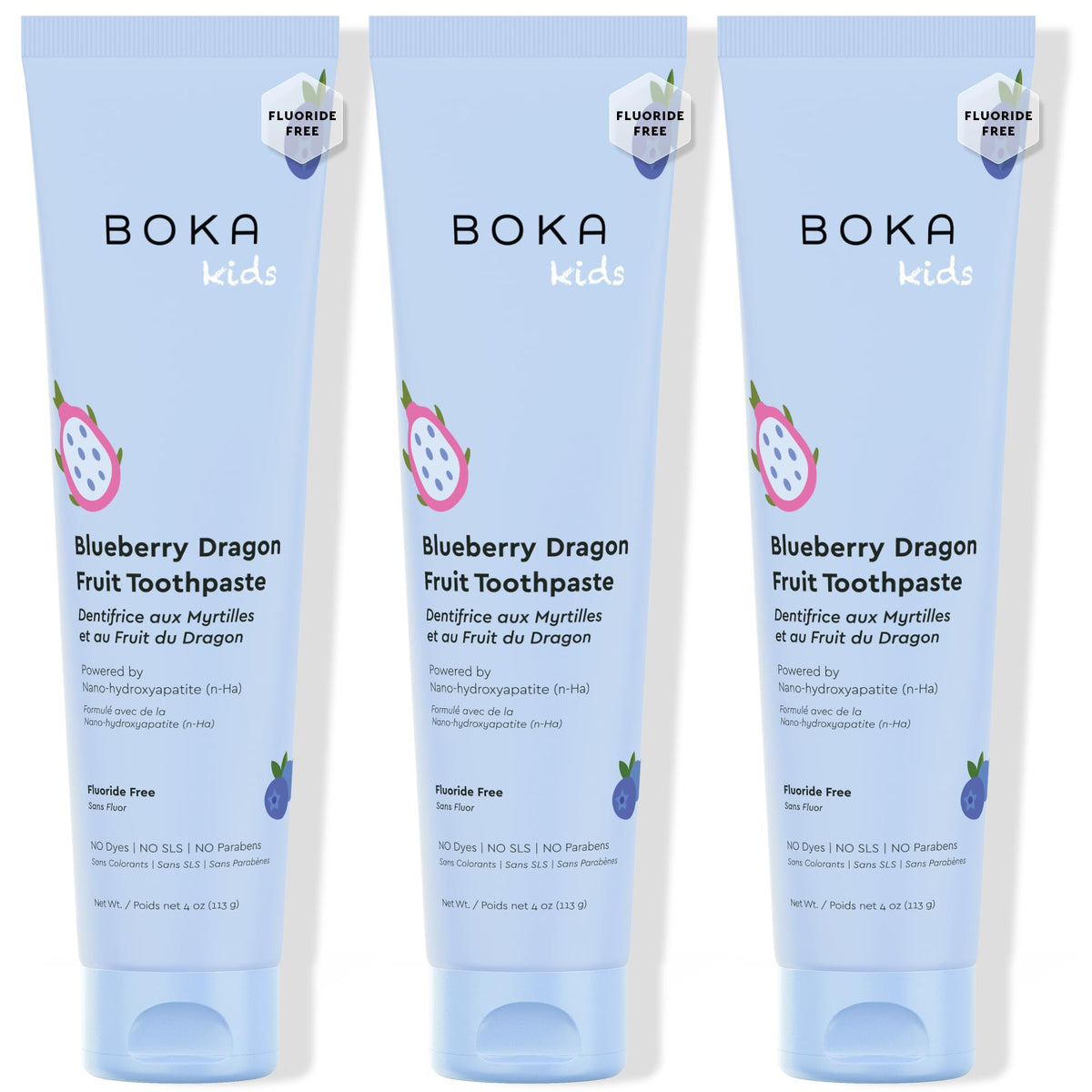 Dentifrice Boka nano-hydroxyapatite bleu, tube, protège l’émail en douceur.