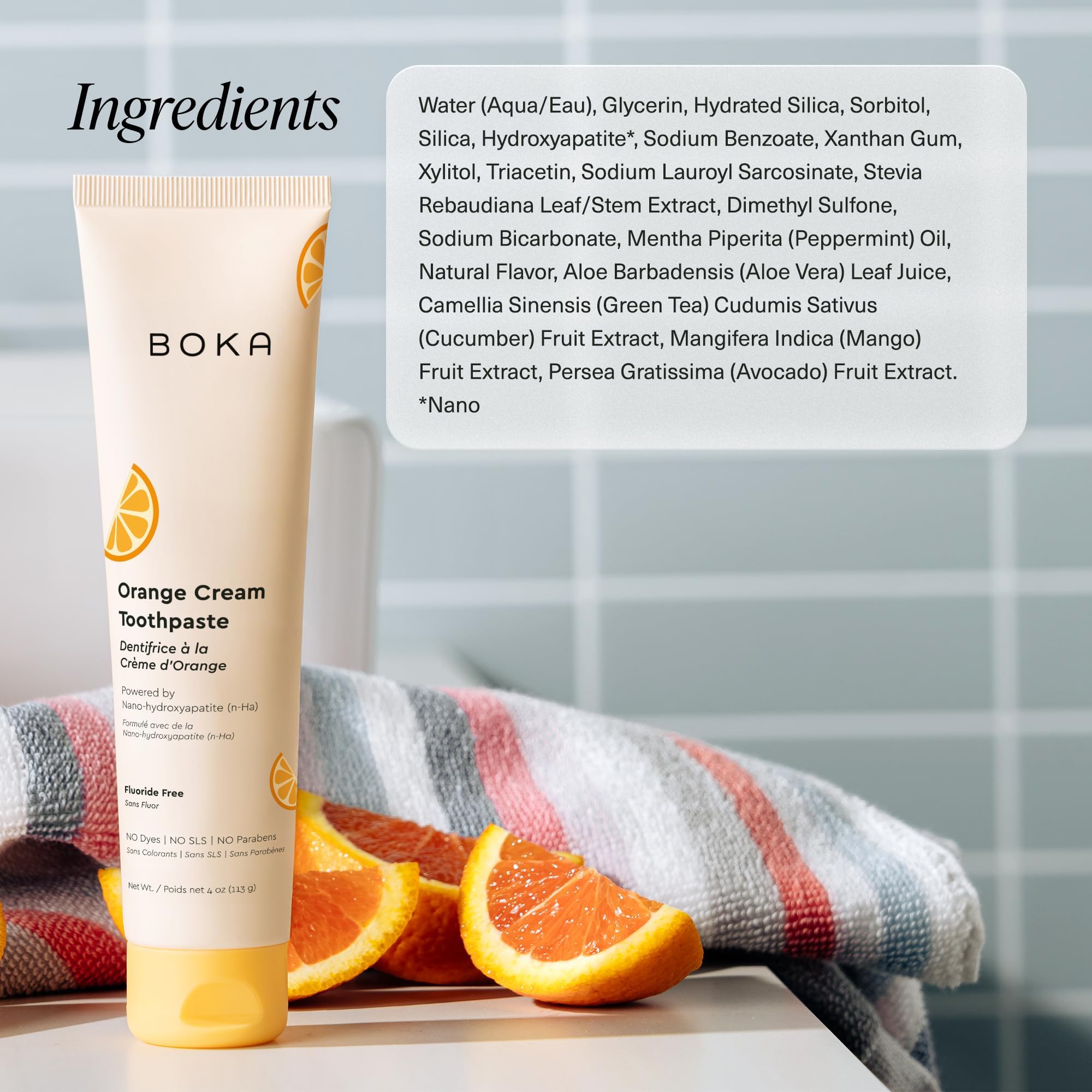 Capuchon et packaging du dentifrice Boka orange crème