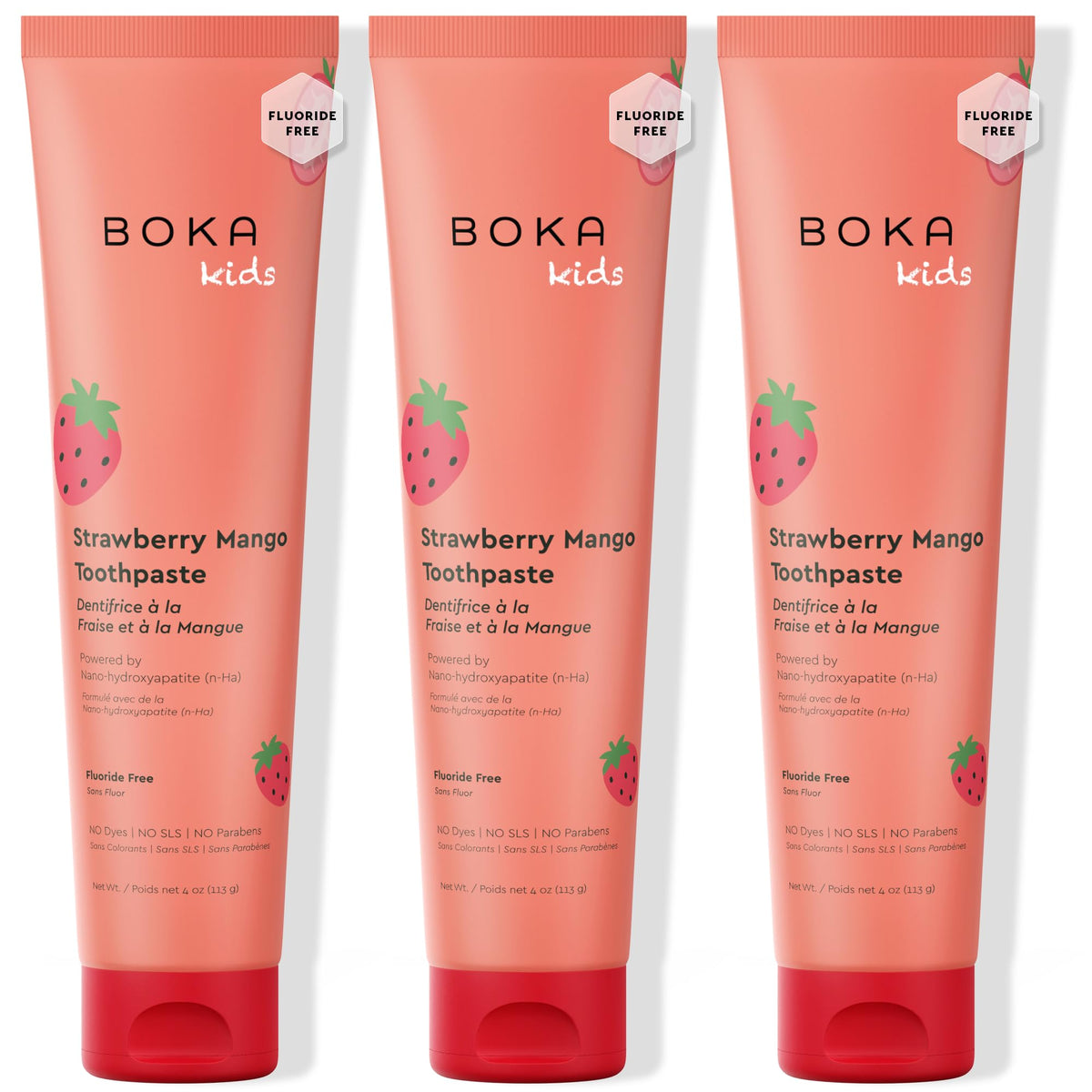 Dentifrice Boka Nano-Hydroxyapatite goût fraise-mangue, tube 4oz prêt pour les enfants.