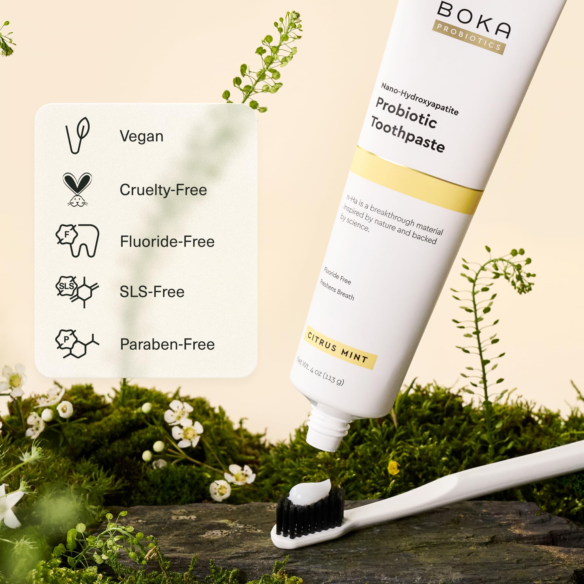 Pâte Boka: formule biocompatible sans fluorure, sulfates ni colorants artificiels.