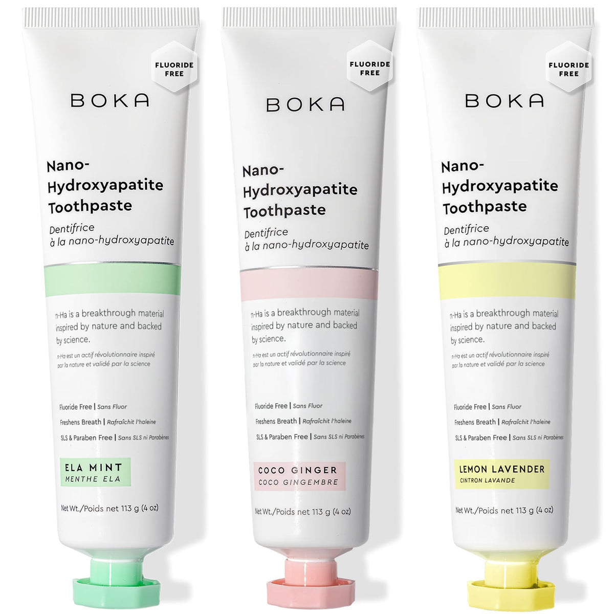 Boka Ela Mint: dentifrice sans fluor, soin doux pour l’émail sensible.