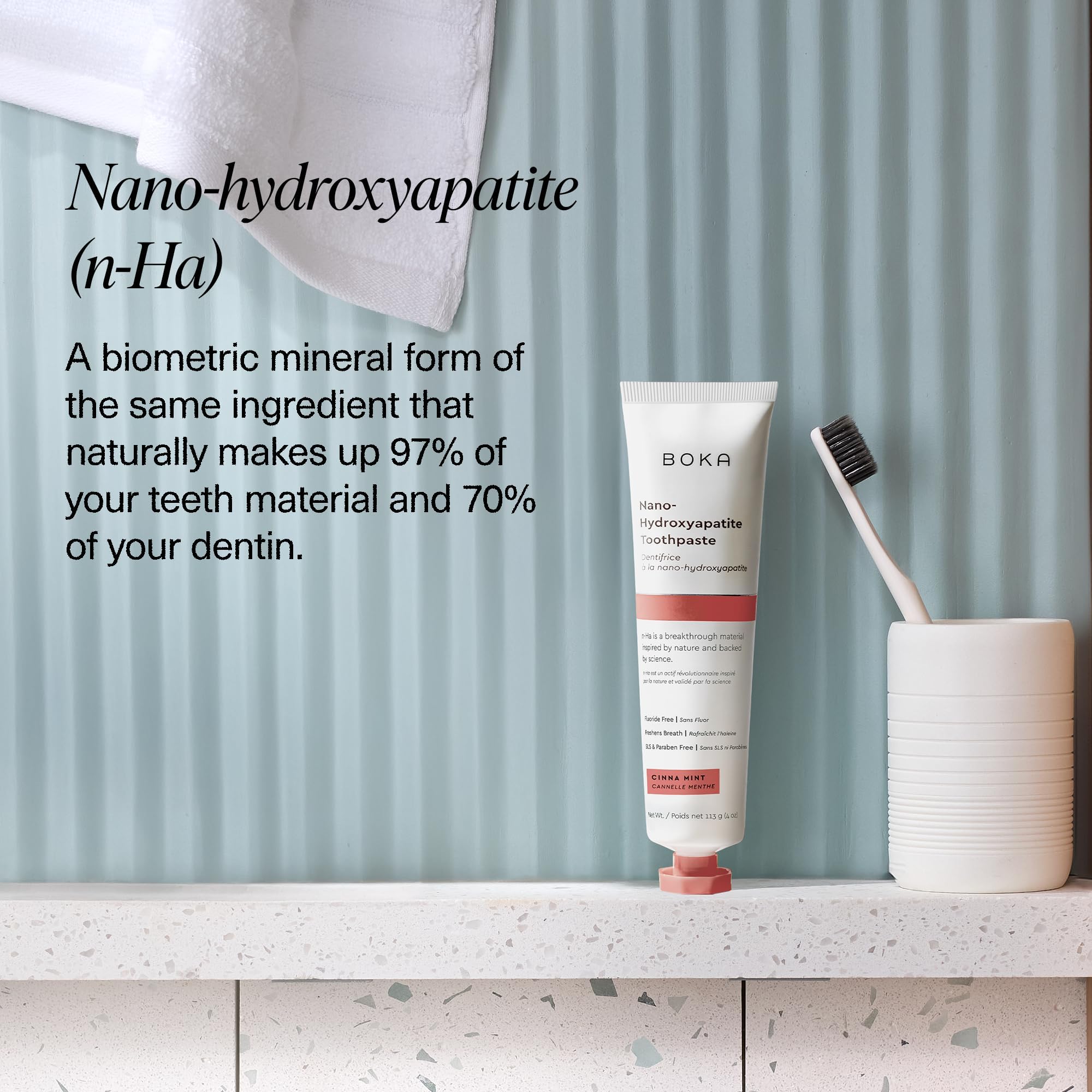 Dentifrice Boka sans fluor nano-hydroxyapatite, texture crème douce et agréable.
