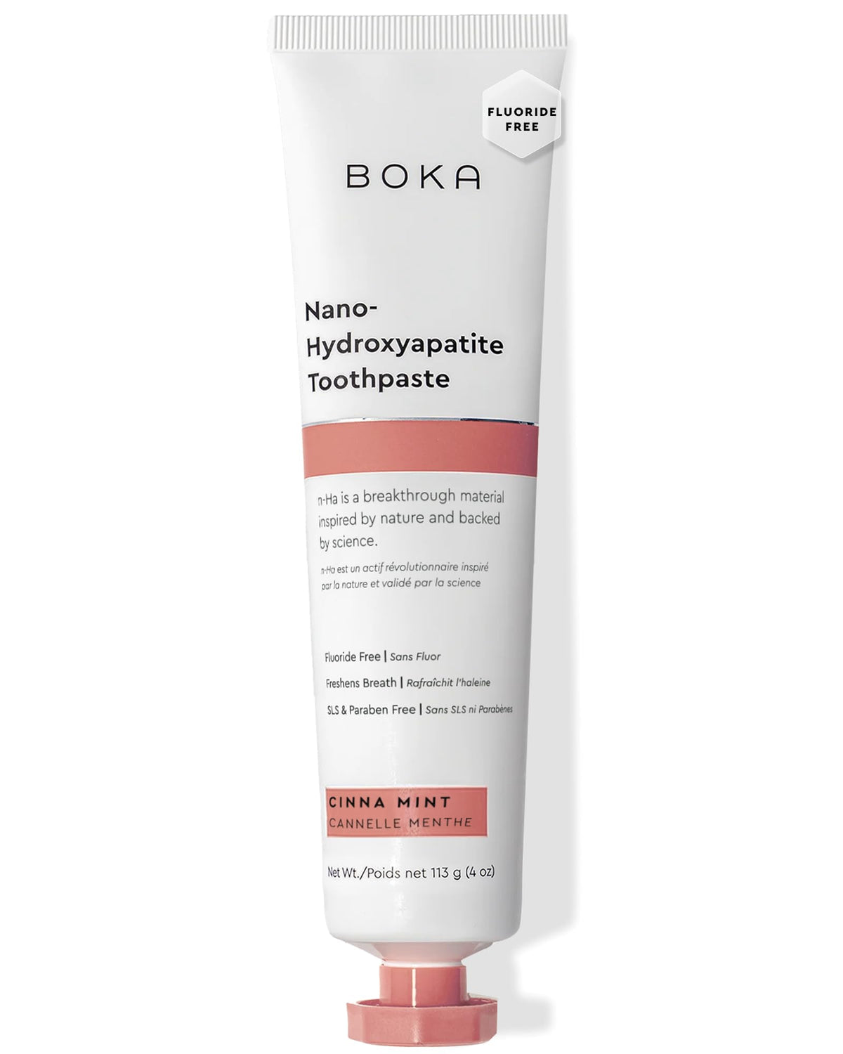Dentifrice Boka sans fluor avec nano-hydroxyapatite, tube visible, douceur pour sensibilité.
