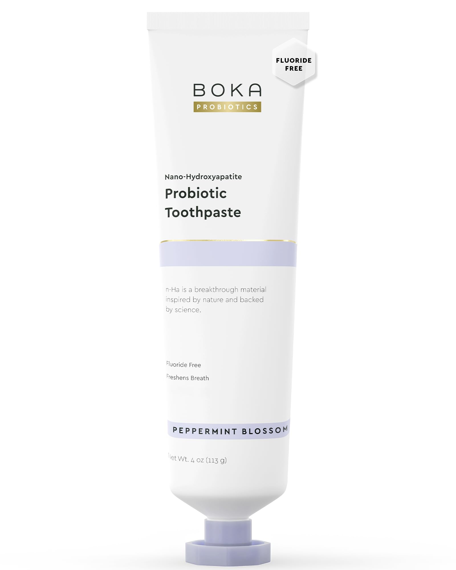 Boka dentifrice sans fluorure—emballage, routine quotidienne sûre.
