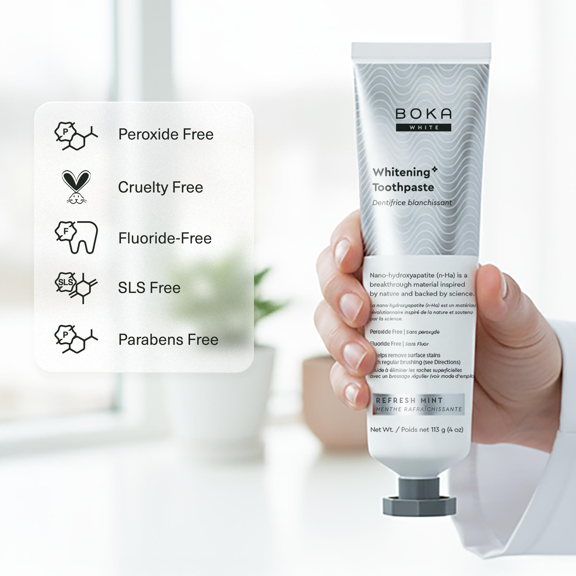 Pâte dentifrice Boka sans fluorure prête à l'emploi, menthe rafraîchissante.