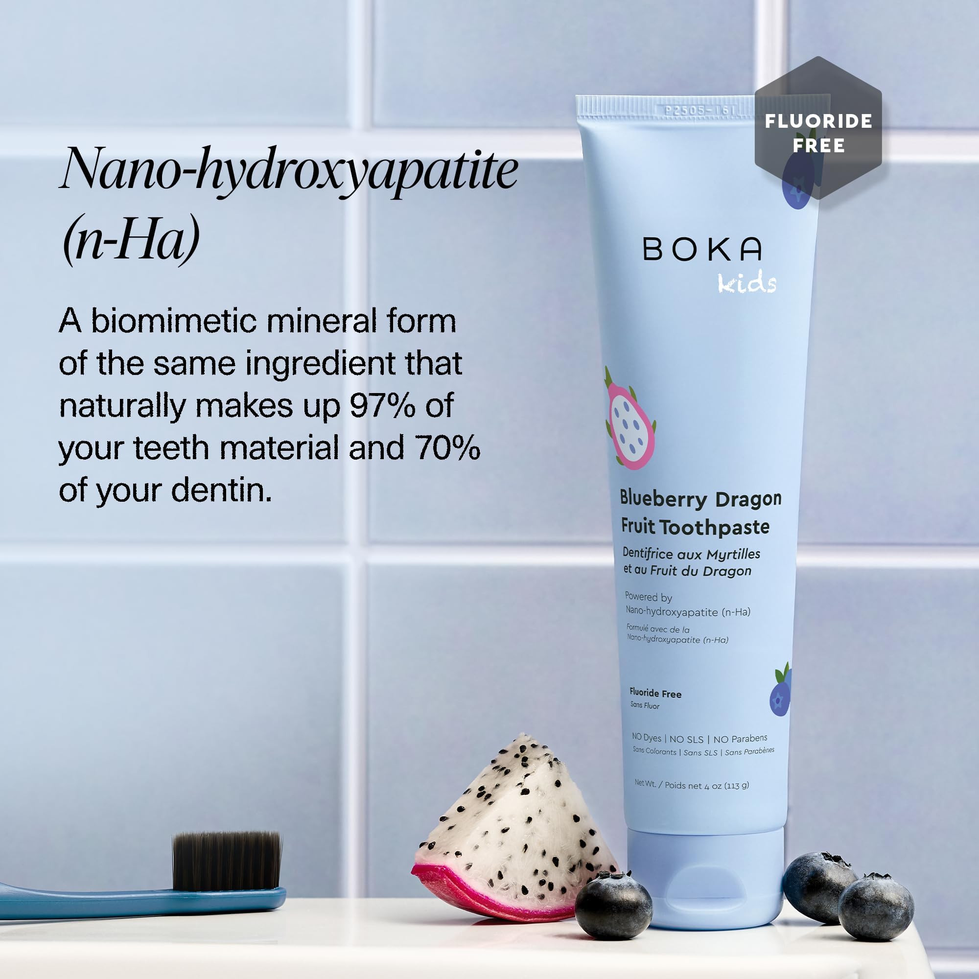 Formulation douce Boka sans fluorure, adaptée aux dents sensibles.