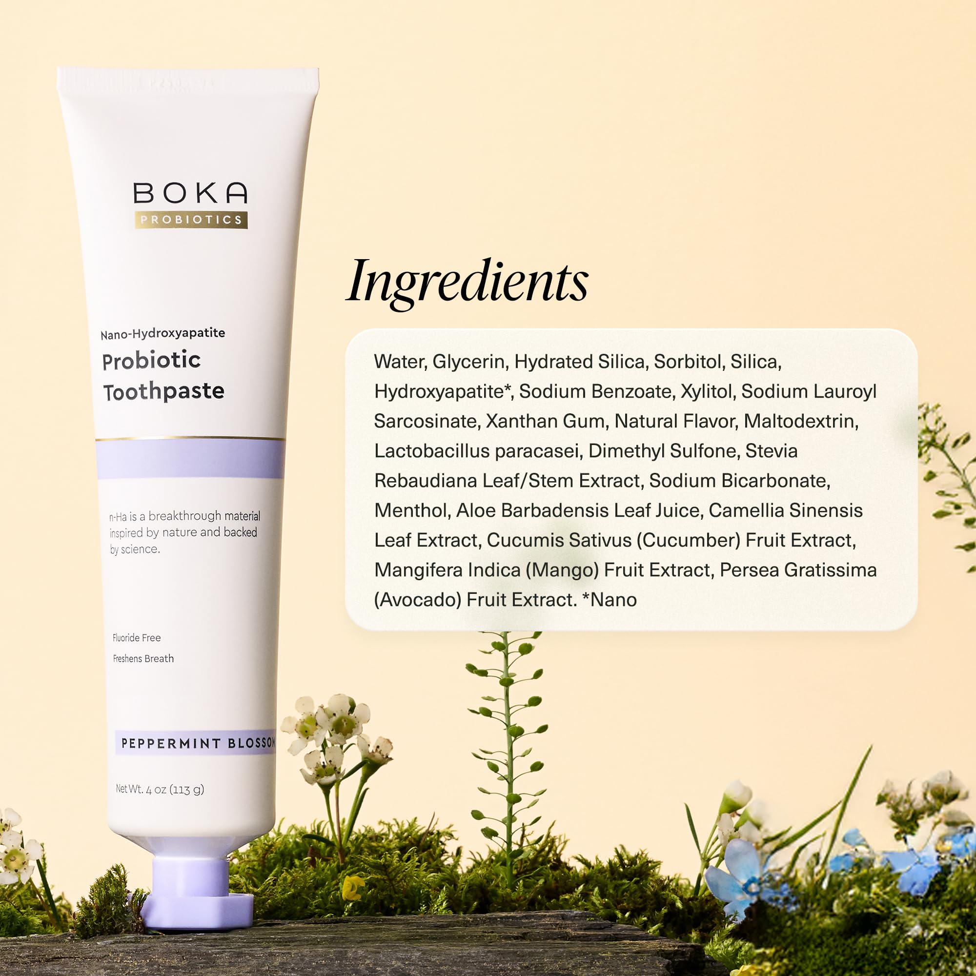 Boka dentifrice sensation menthe-poivrée—effet rafraîchissant après brossage.
