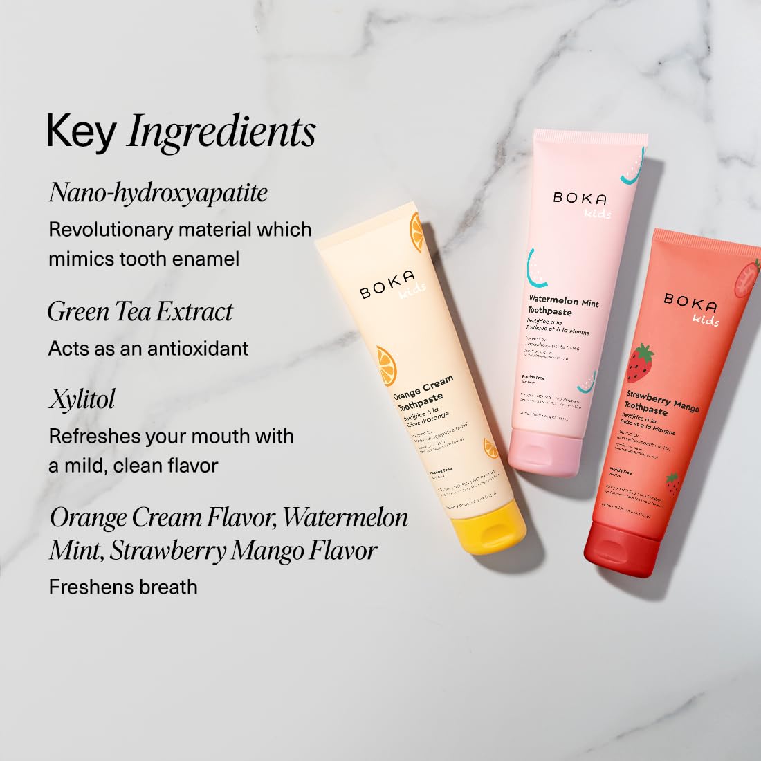 Pâte dentaire Boka Fraise Mangue — parfum tentant qui rend le brossage agréable.